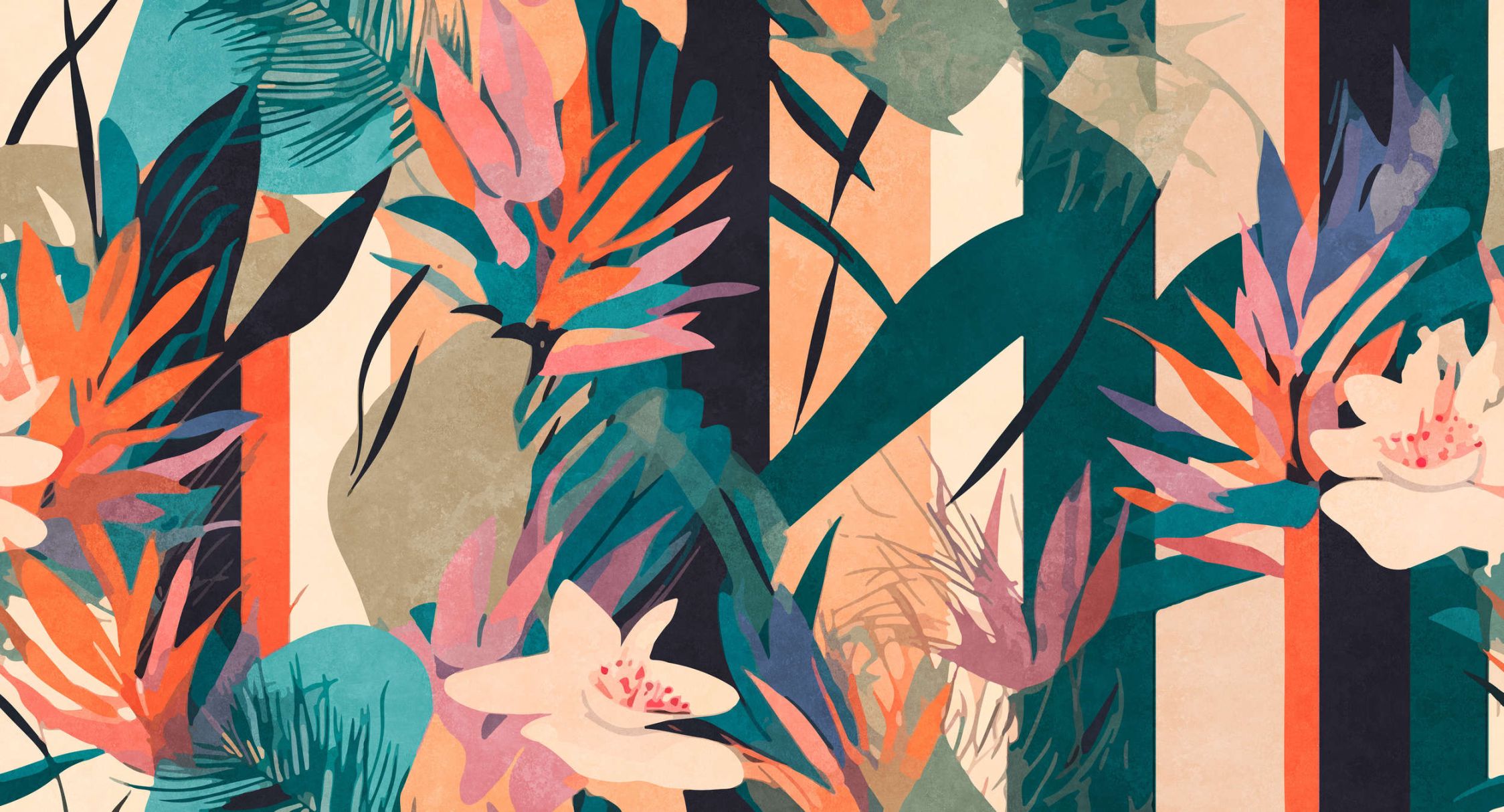             papier peint en papier panoramique »sarabi« - motif de fleurs et d'herbes, rayures devant une structure d'enduit vintage - multicolore | Intissé lisse, légèrement nacré
        