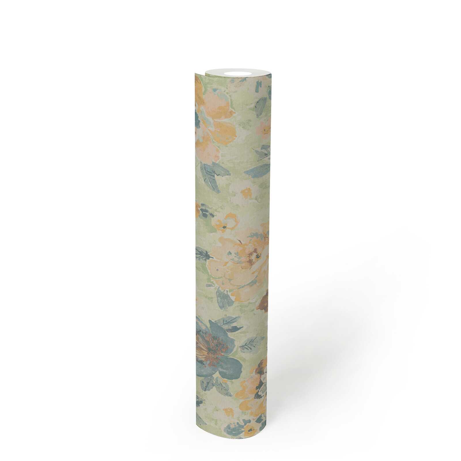             Non-woven floral wallpaper in watercolour and vintage design - colourful, green, yellow
        