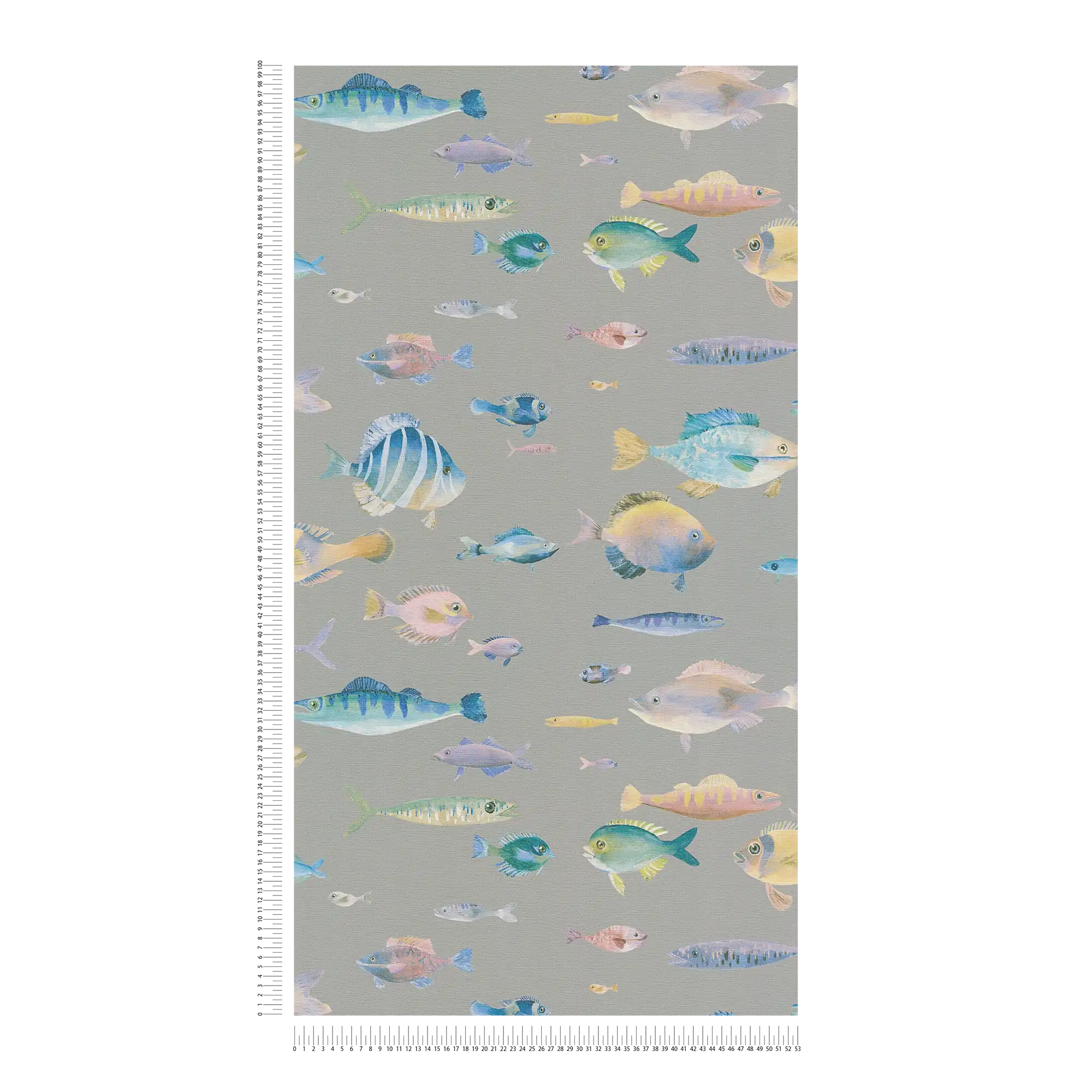             Papel pintado no tejido marítimo con motivos de peces - gris, colorido, azul
        