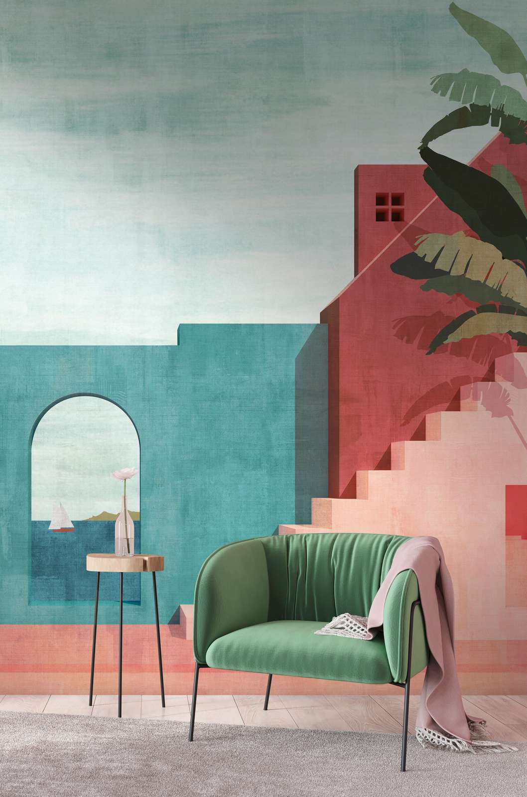             Pastel-coloured non-woven wallpaper with a Mediterranean building motif and a large-scale pattern repetition - blue, red, pink
        