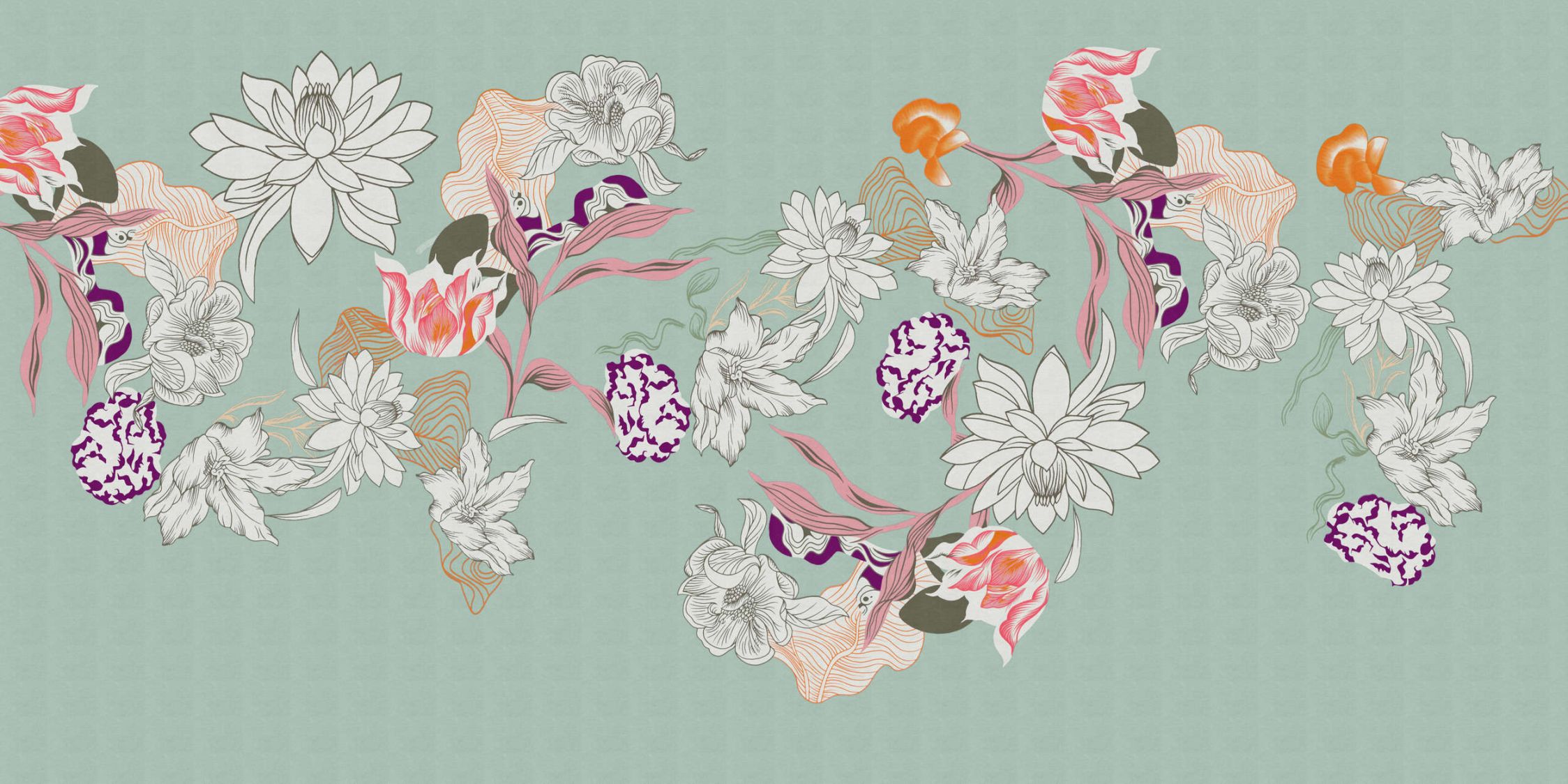             Digital behang »botany 1« - Abstracte bloemmotieven met oranje accenten tegen een subtiele linnen textuur - Gladde, licht parelmoerachtige non-woven stof
        