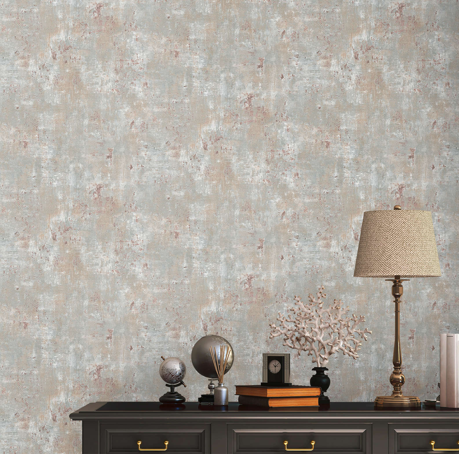             Non-woven wallpaper in used look with metallic accents - grey, blue, bronze
        