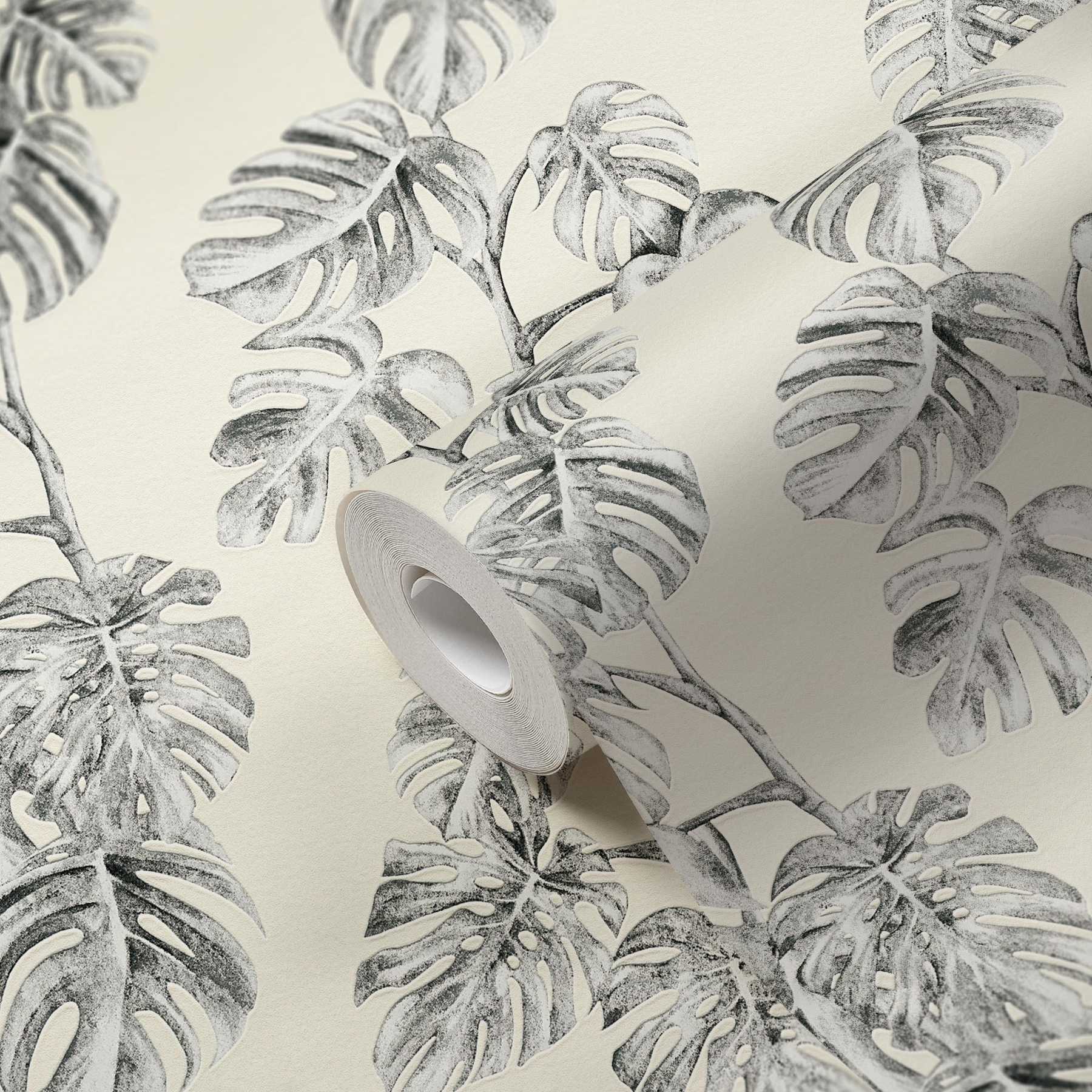             Papier peint intissé vrilles de monstera, motif naturel - noir, blanc, gris
        