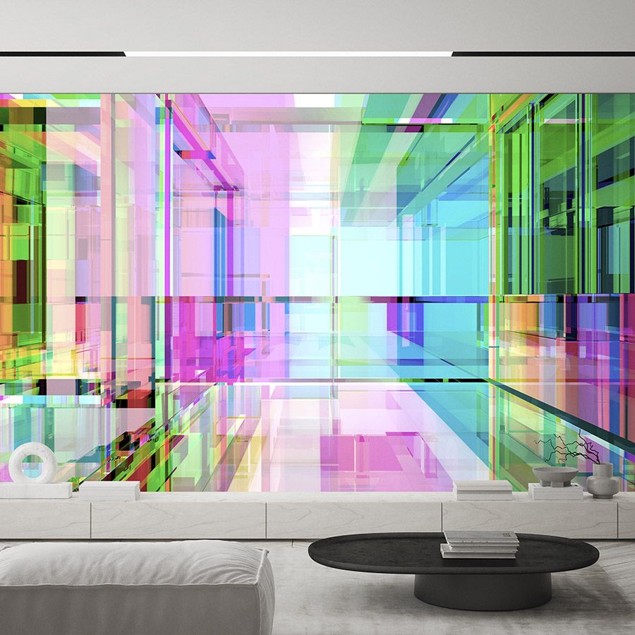 Digital behang »focus« - Futuristisch ontwerp in een vierde dimensie in neonkleuren - Matte, gladde vliesstof

