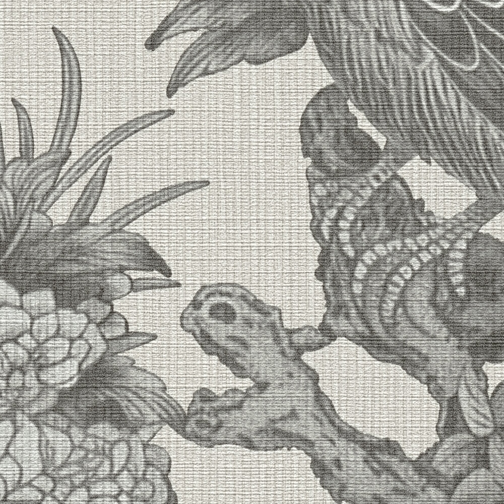             English country style floral pattern with birds as non-woven wallpaper - grey, beige
        