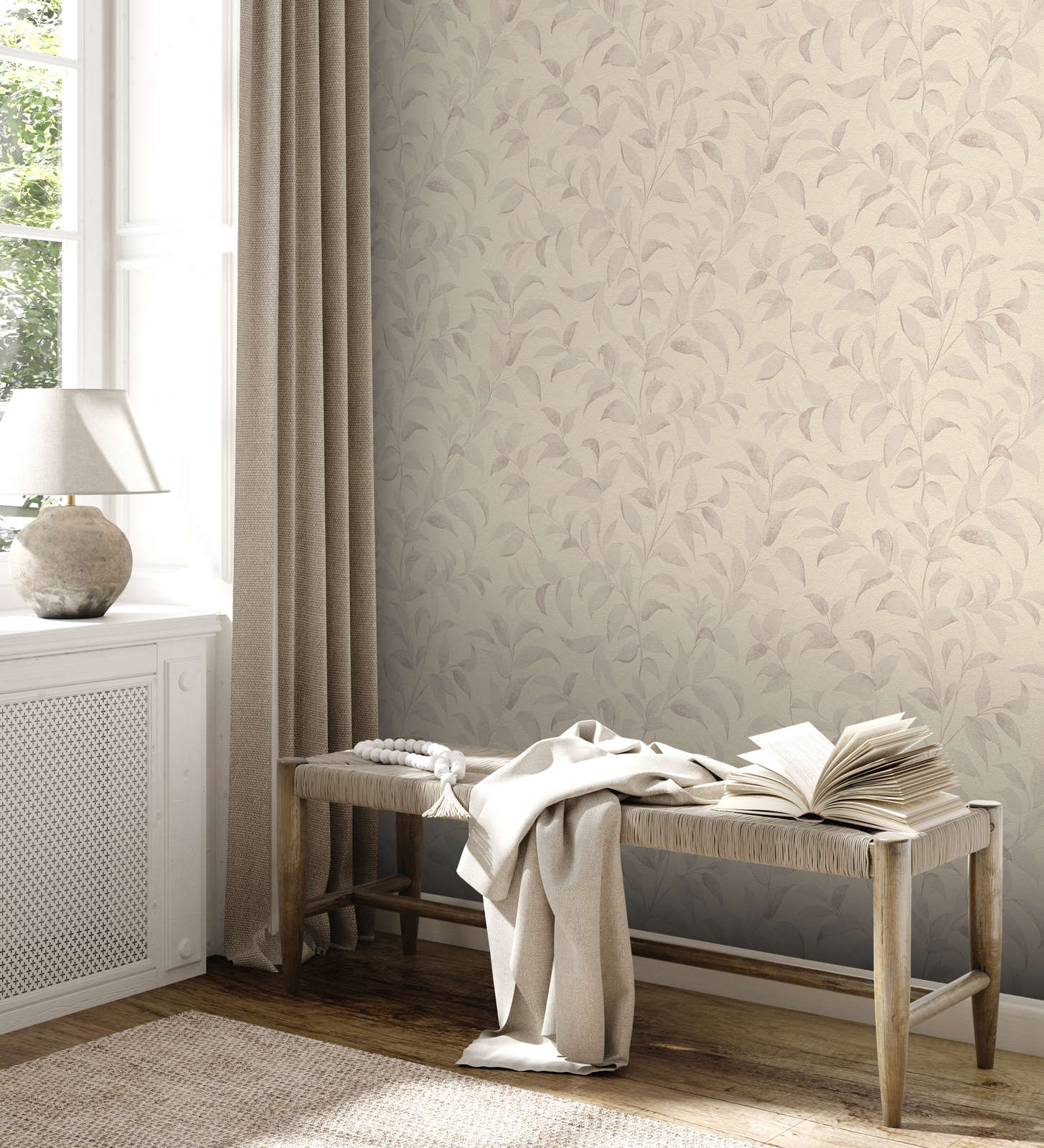             Papel pintado Floral con hojas de textura brillante - gris, plata
        