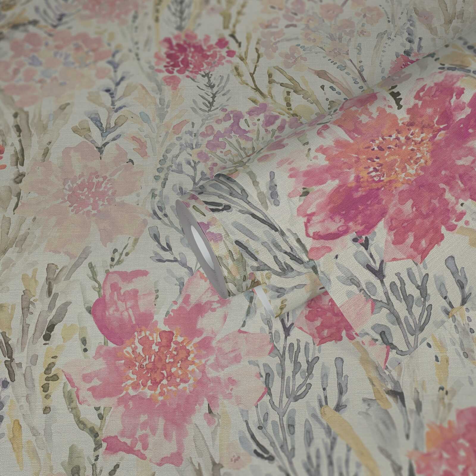             Non-woven wallpaper flower meadow in watercolour look - white, colourful, pink
        