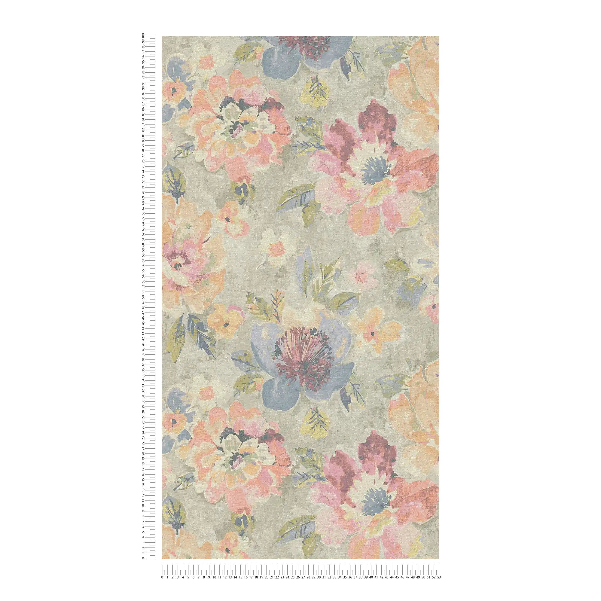             Non-woven floral wallpaper in watercolour and vintage look - colourful, grey, pink
        