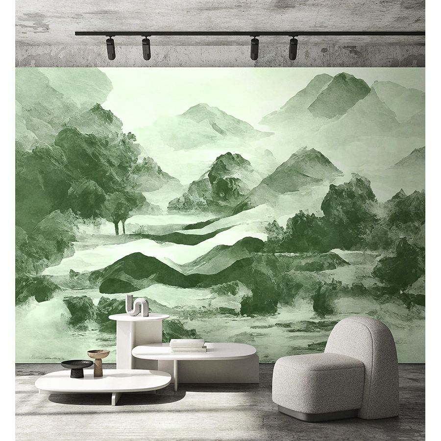 Fotomural »tinterra 2« - Paisaje con montañas y niebla - Verde | Material sin tejer texturado claro
