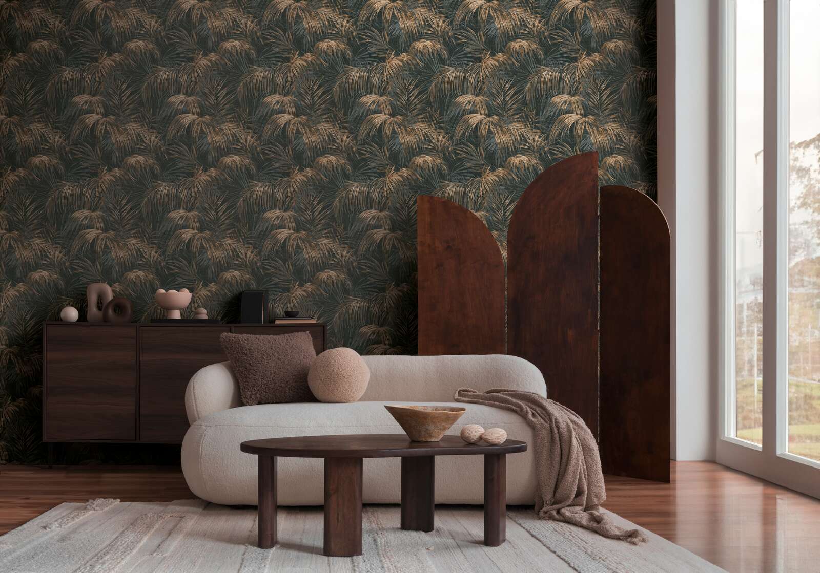             Magnificent non-woven wallpaper in palm tree look - black, beige, brown
        