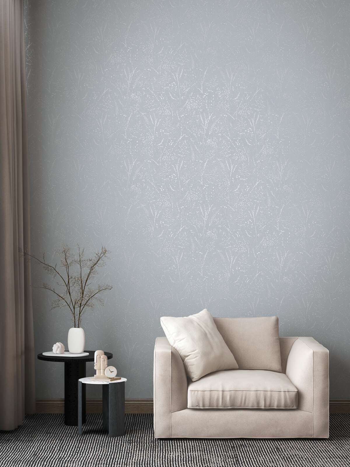             Textured non-woven wallpaper with a simple floral motif - blue, grey
        