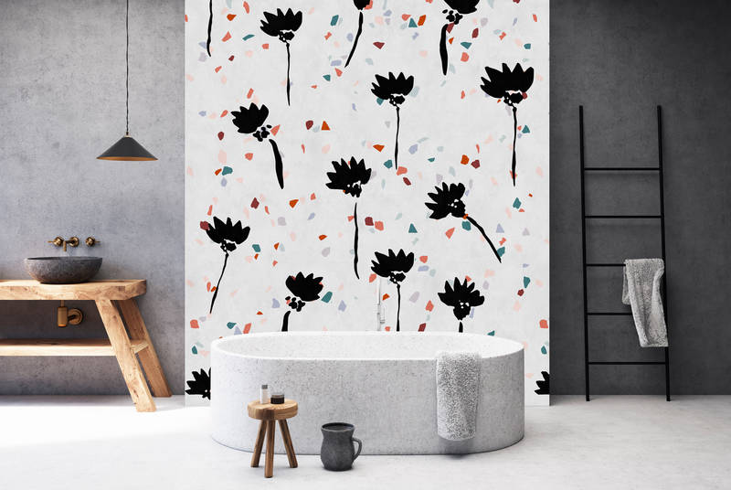             Terrazzo 2 - wallpaper in blotting paper structure terrazzo patterned, stone look - grey, red | matt smooth fleece
        