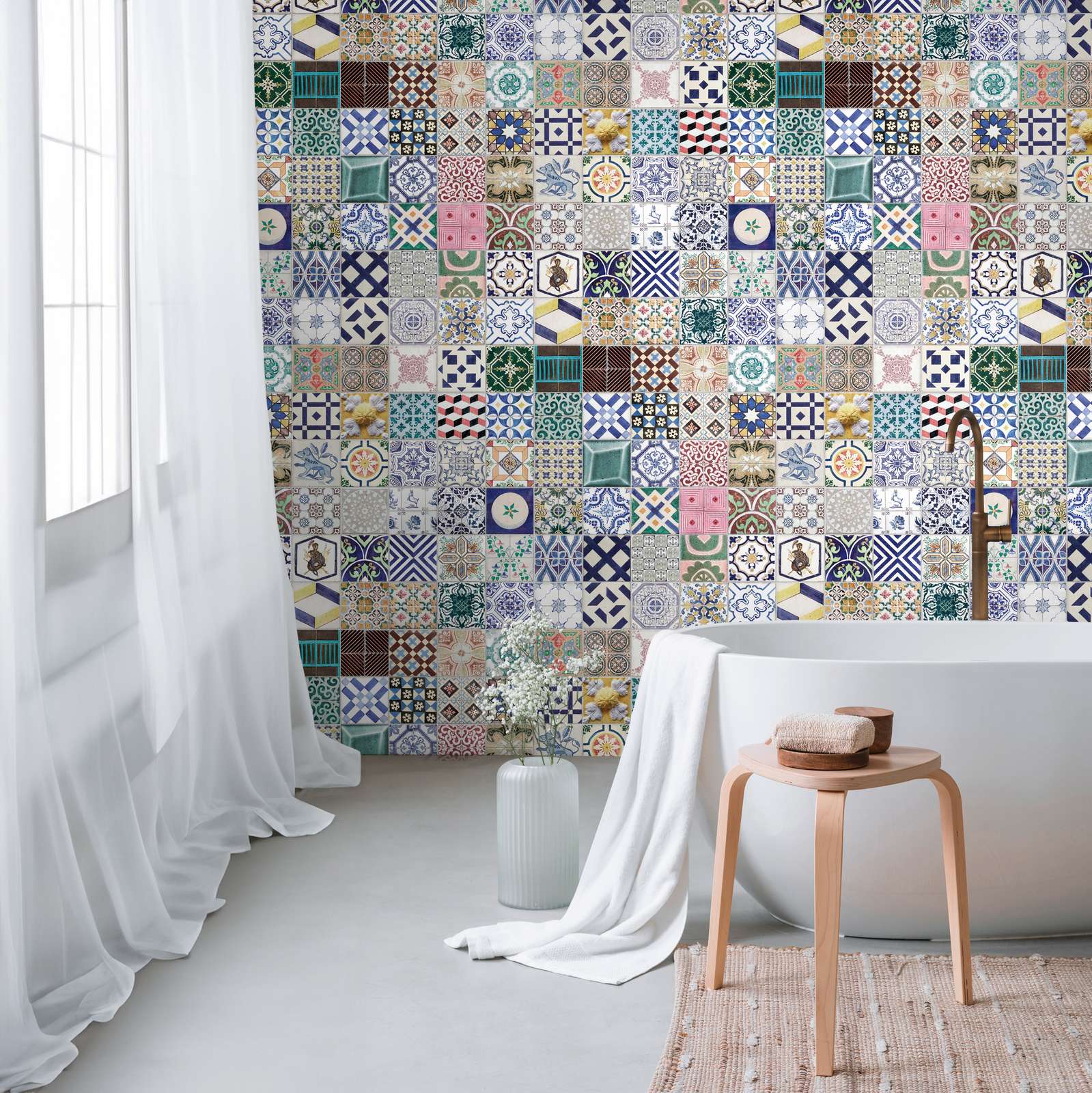             Colourful mosaic tile non-woven wallpaper and a large pattern repetition - colourful, blue, green
        