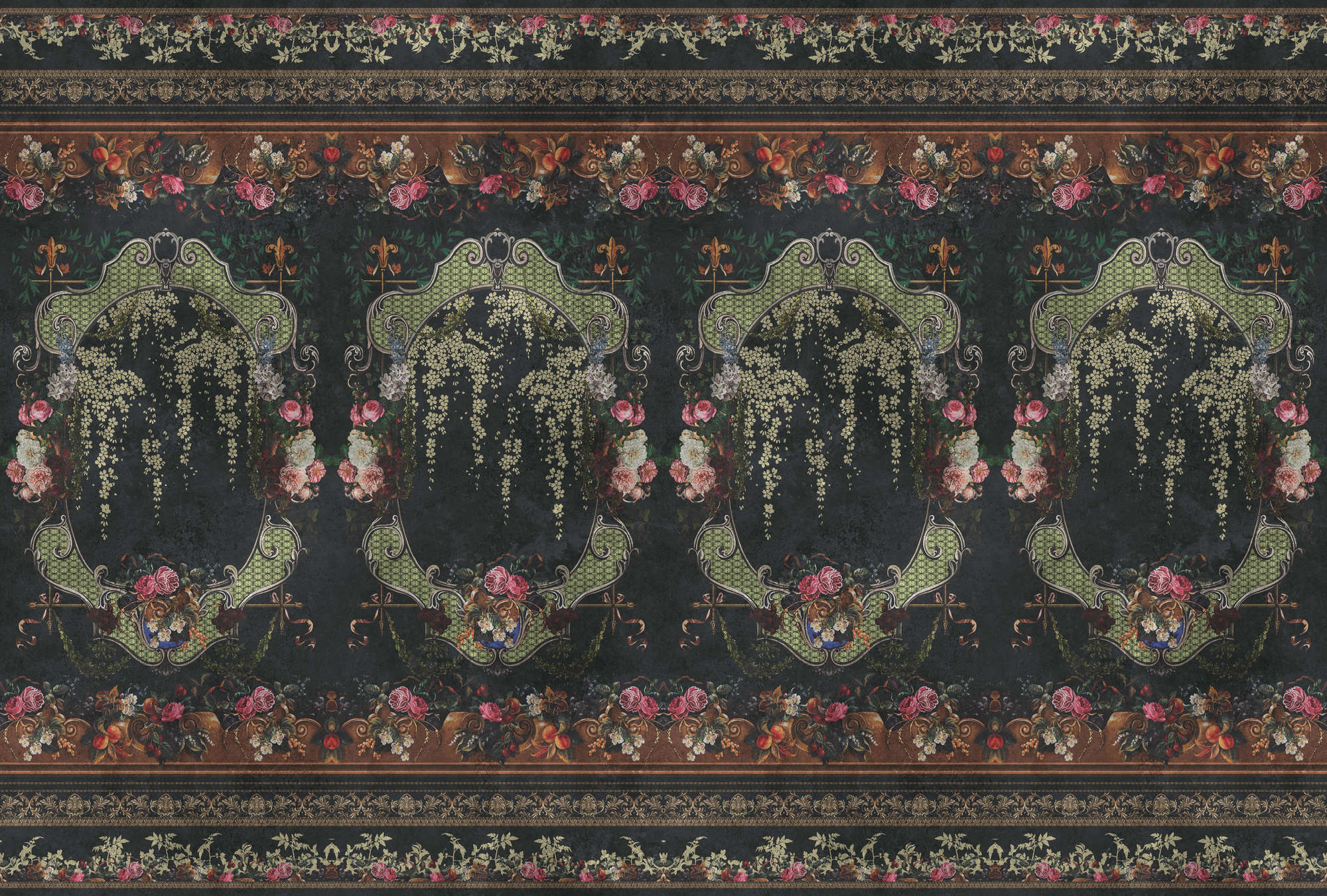             Photo wallpaper »babette« - Ornamental panelling with floral design on vintage plaster texture - red, dark blue | matt, smooth non-woven
        