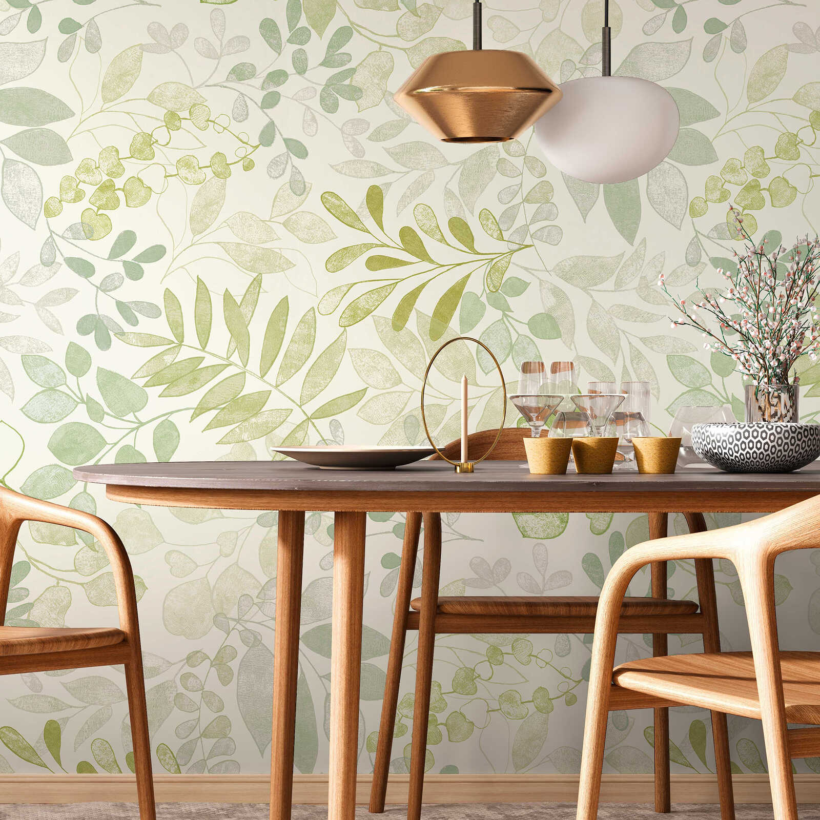         Papel pintado motivo XXL con motivos florales en acuarela - crema, verde
    