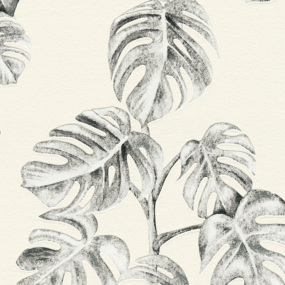             Non-woven wallpaper monstera vines, natural pattern - black, white, grey
        