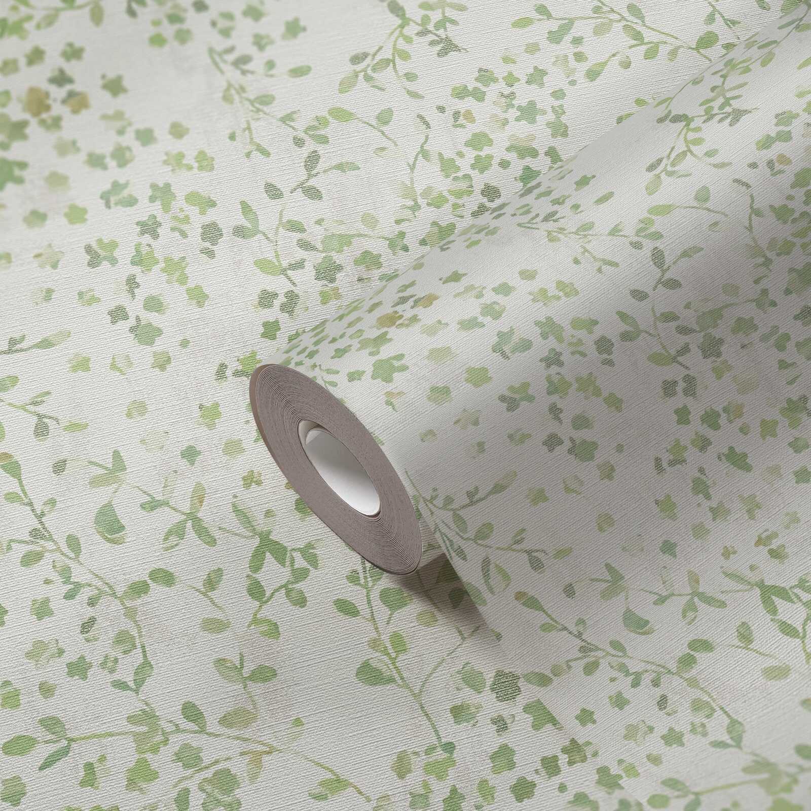             papier peint en papier intissé All over motif floral avec de légers accents dorés - vert, blanc, crème
        