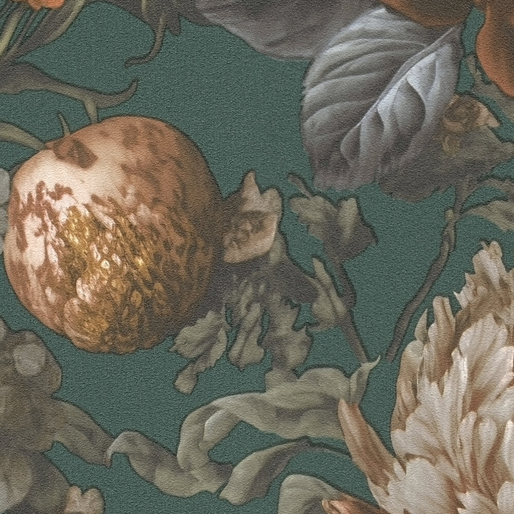             Non-woven wallpaper with large floral pattern in vintage look - green, grey, orange
        