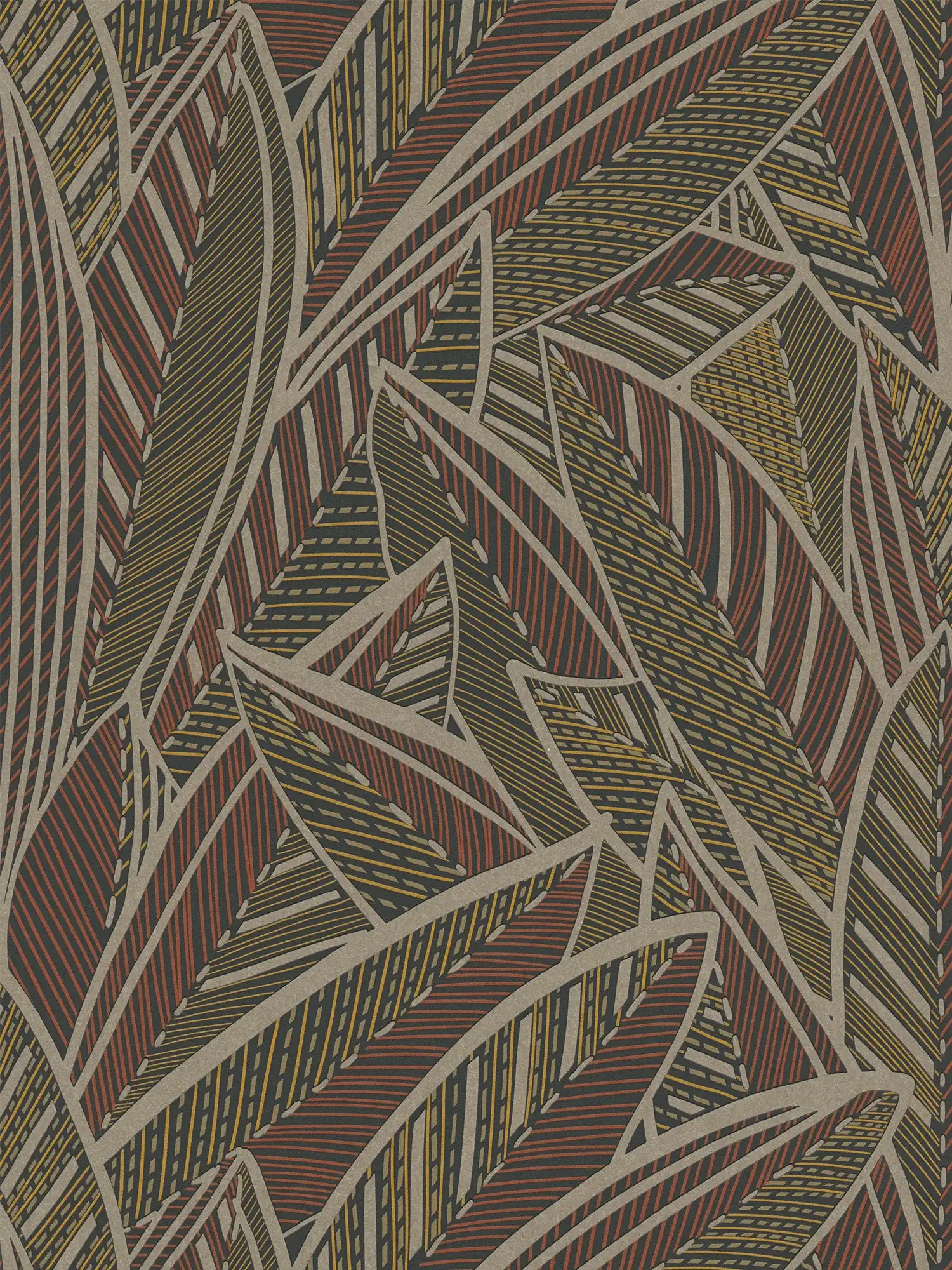 Feuilles de palmier papier peint intissé avec sensation de jungle et accents brillants - marron, jaune, rouge
