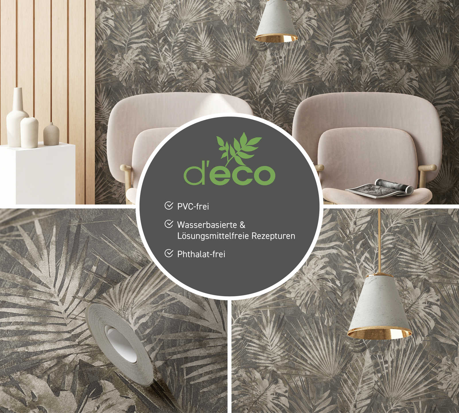             Jungle wallpaper with tropical leaf pattern PVC-free - brown, beige, anthracite
        