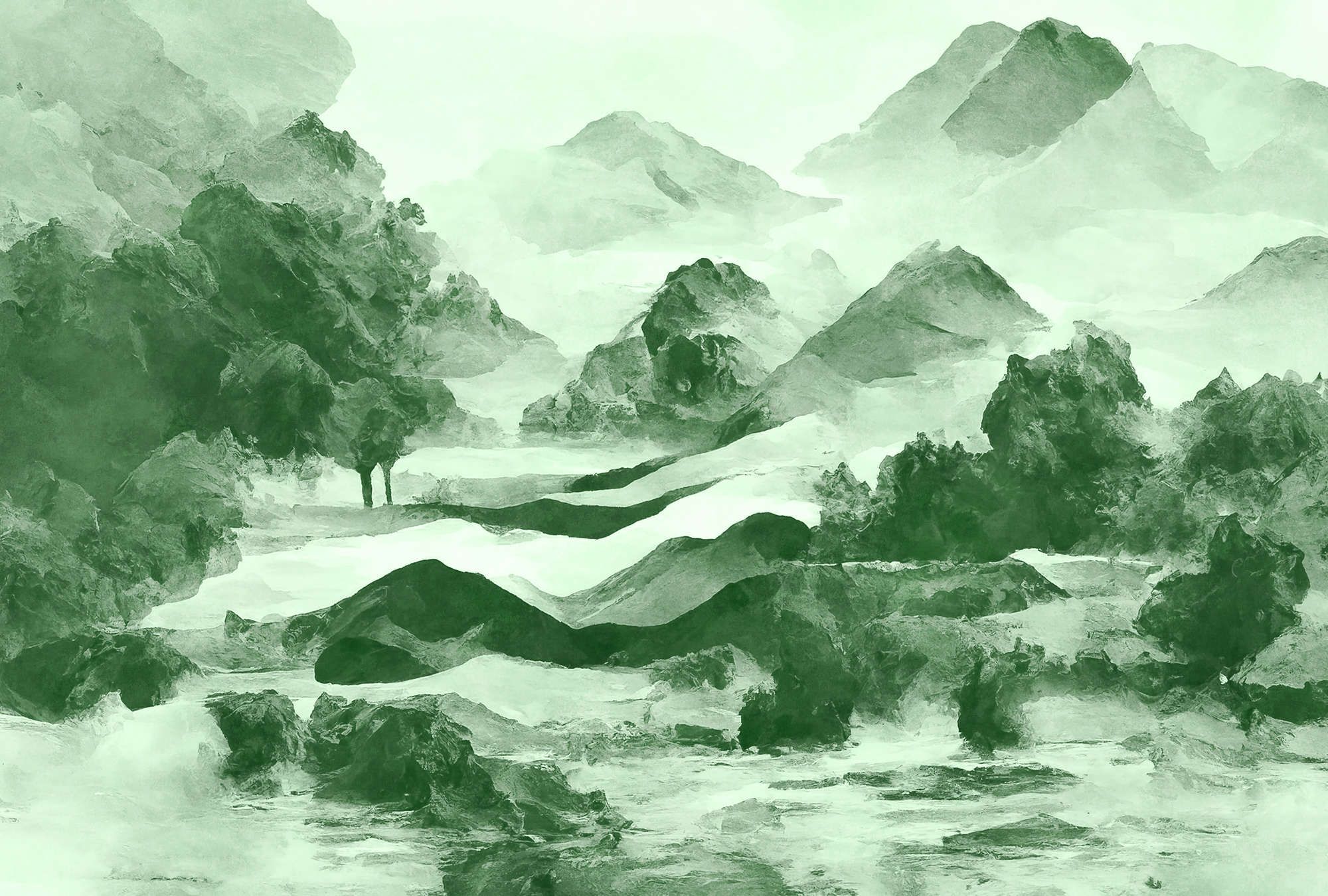            Photo wallpaper »tinterra 2« - Landscape with mountains & fog - Green | Smooth, slightly pearly shimmering non-woven fabric
        