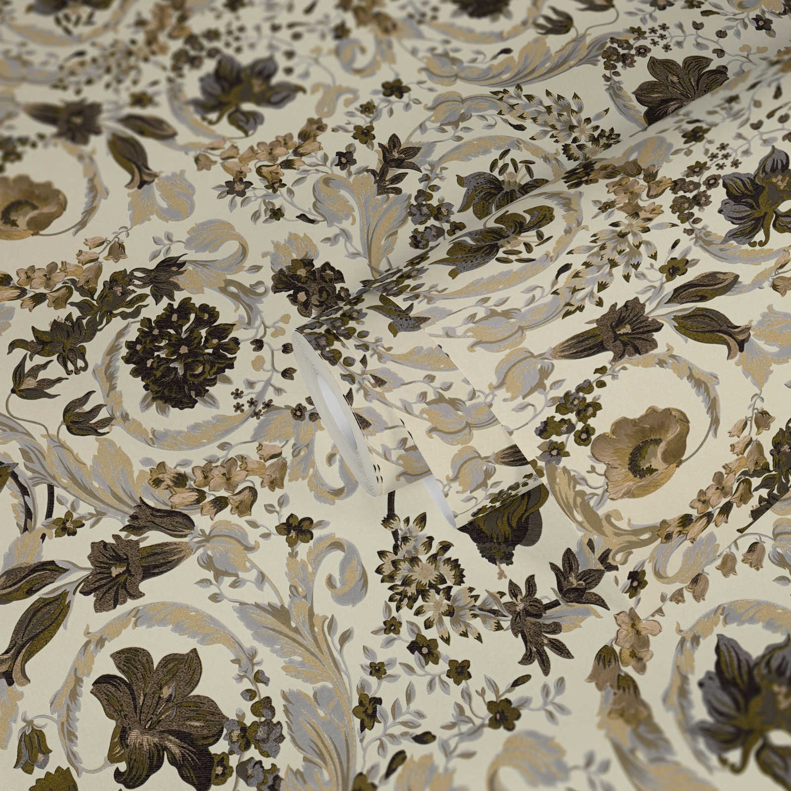             Papier peint floral VERSACE avec motif ornemental - beige, métallique
        