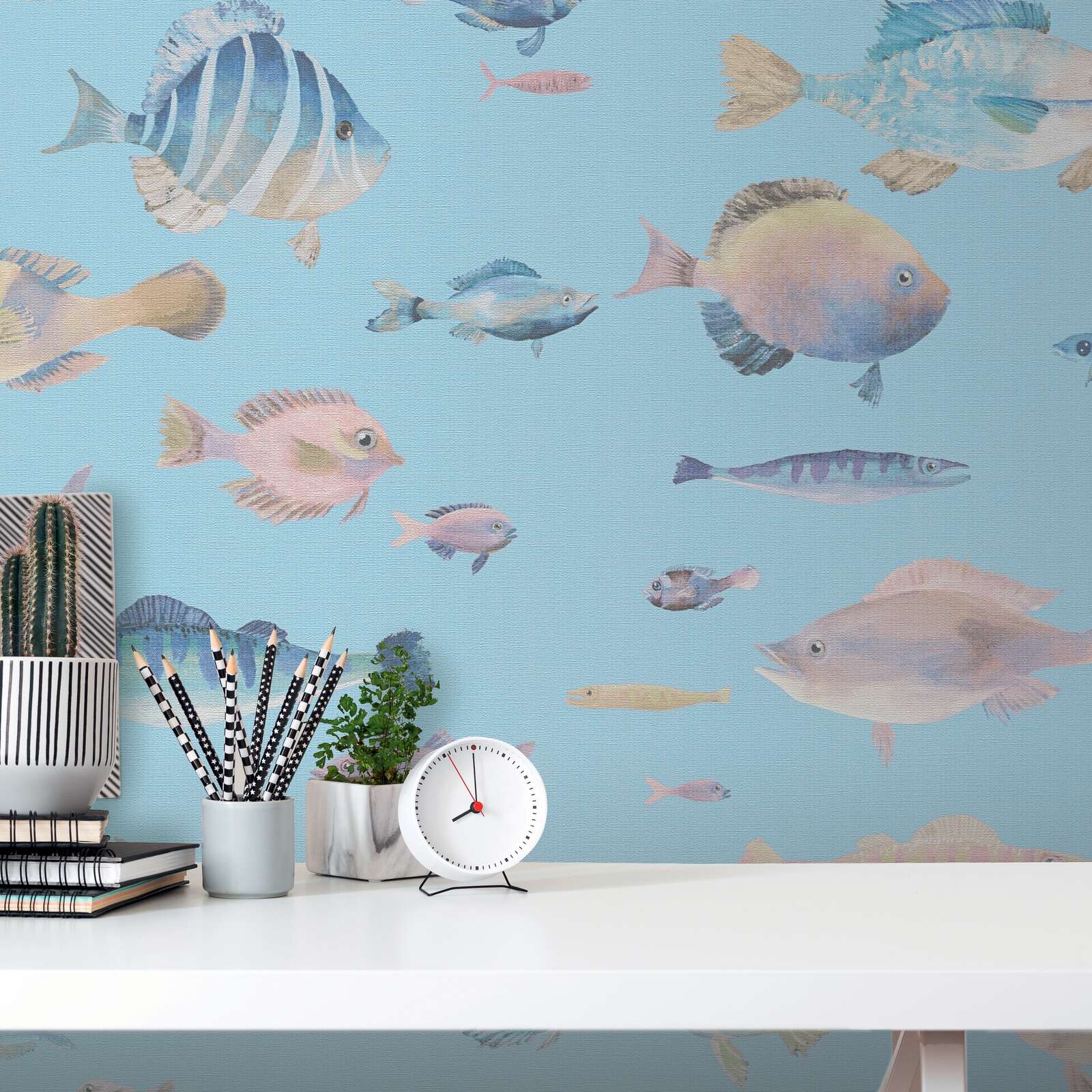             Non-woven wallpaper underwater world with fish - turquoise, colourful, pink
        