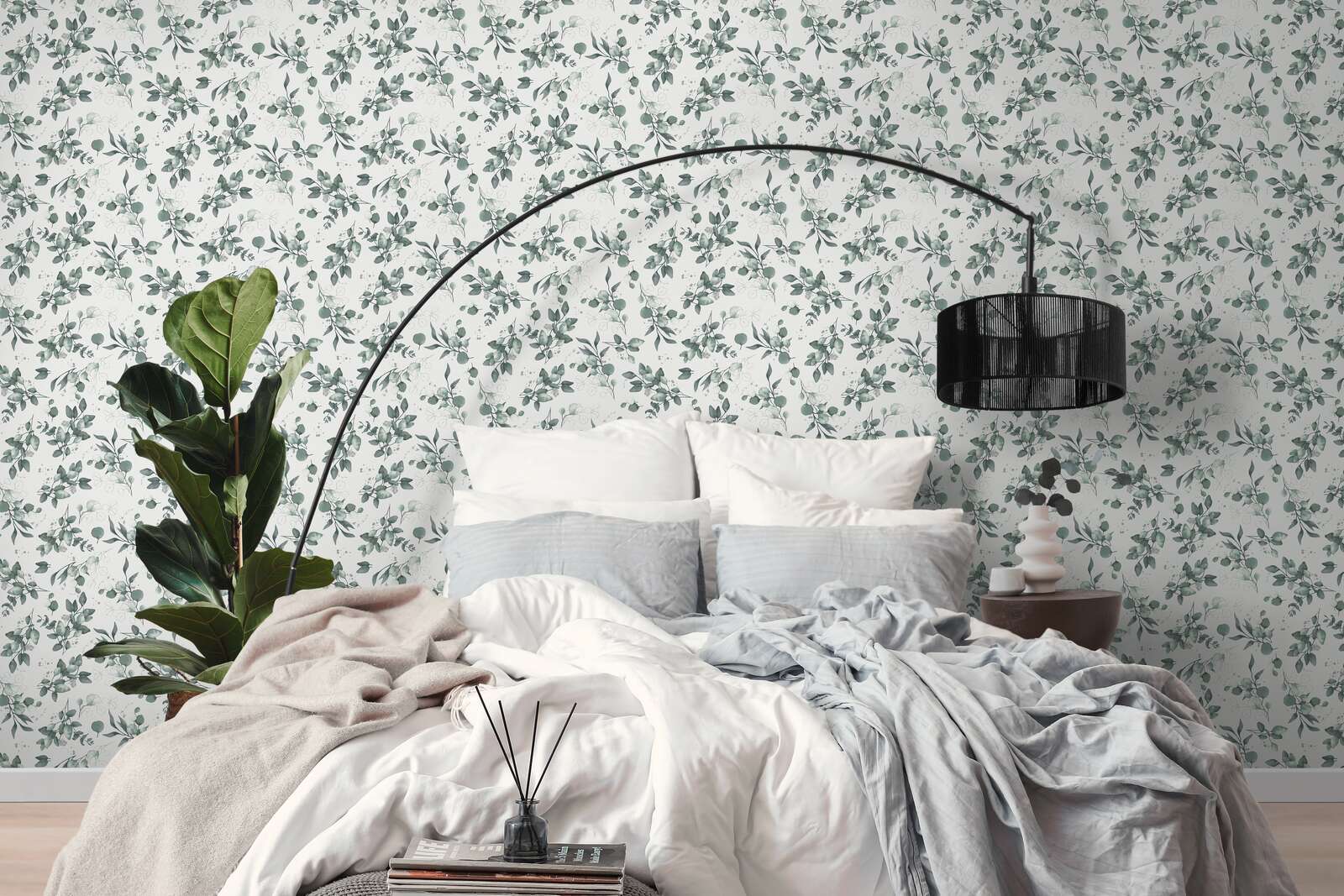             Smooth non-woven wallpaper with an elegant floral motif - white, green, silver
        