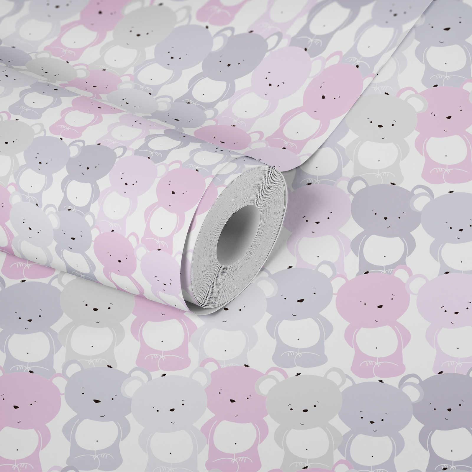             Papier peint chambre enfants filles motif ours - rose, gris , blanc
        