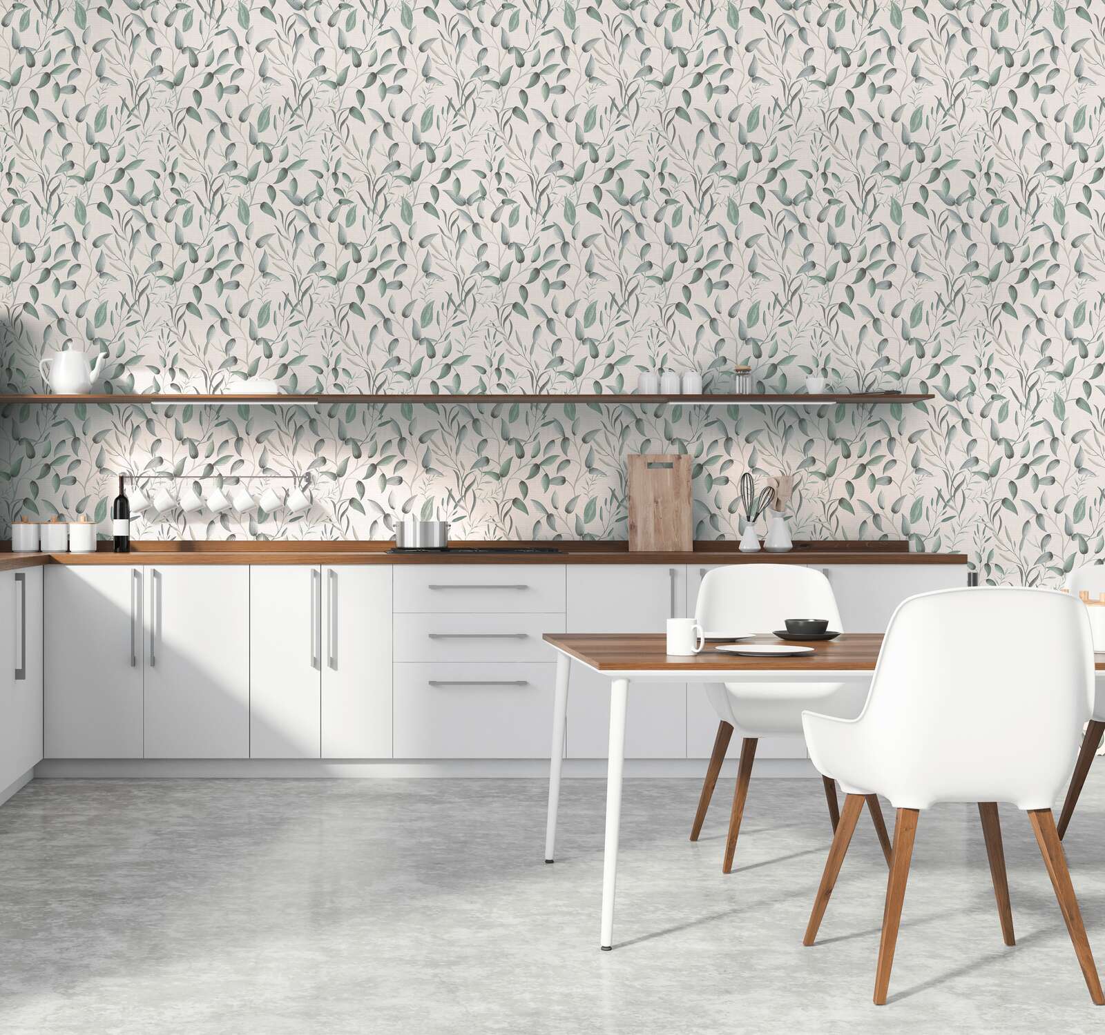             Non-woven wallpaper with soft spring tendrils - green, white, grey
        