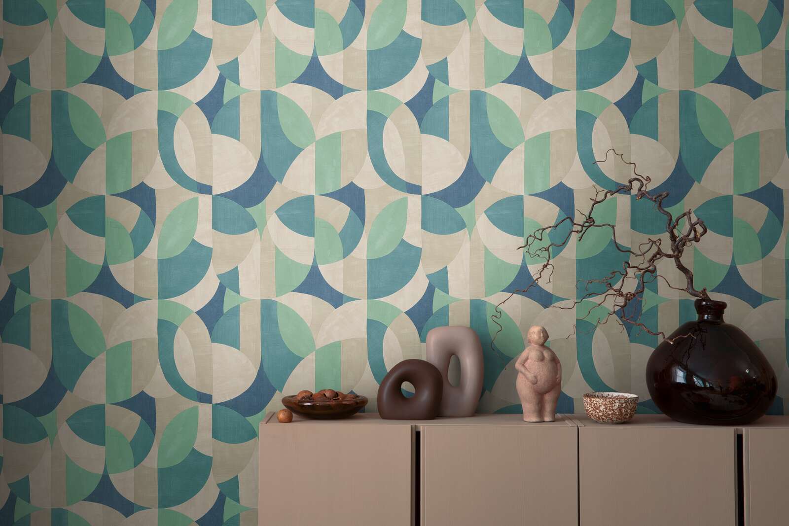             Graphic non-woven wallpaper in Bauhaus design - cream, beige, blue
        