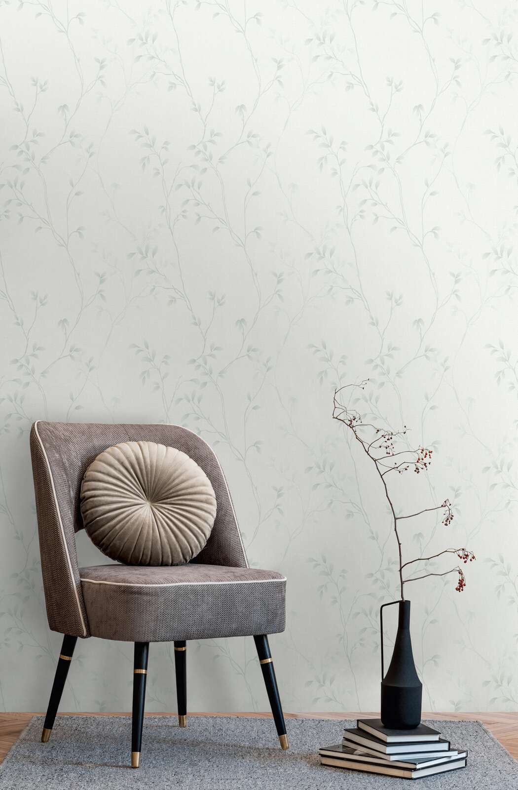             Textured non-woven wallpaper with a simple tendril design - white, grey
        