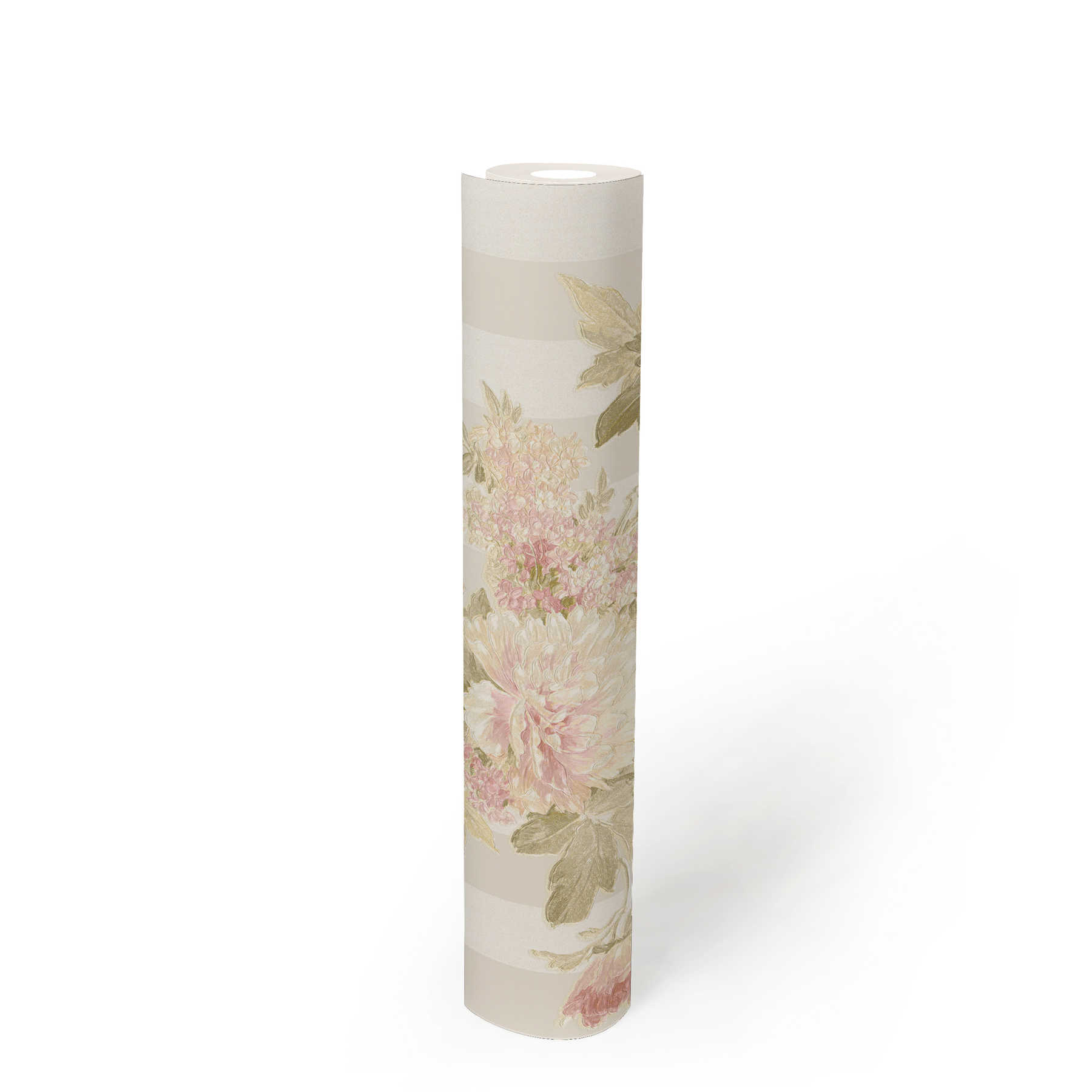             Papier peint motif fleurs et rayures - crème, rose, vert
        