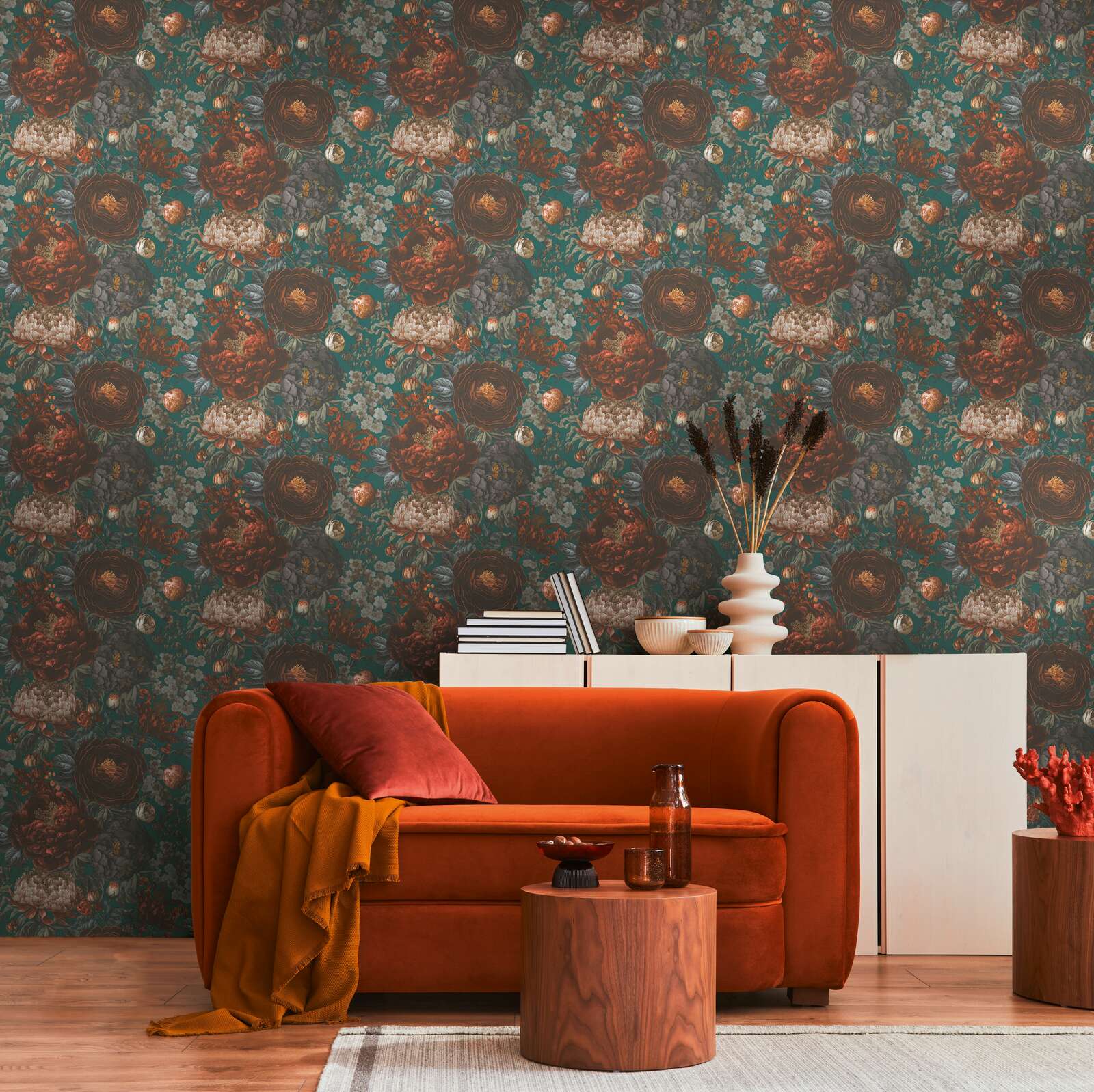             Non-woven wallpaper with large floral pattern in vintage look - green, grey, orange
        