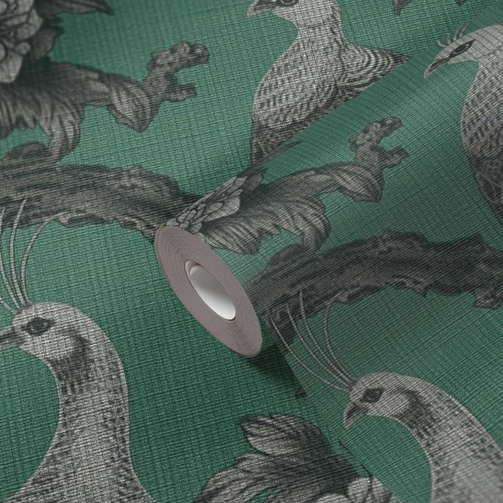             Floral pattern with birds in English country house style as non-woven wallpaper - grey, green, black
        