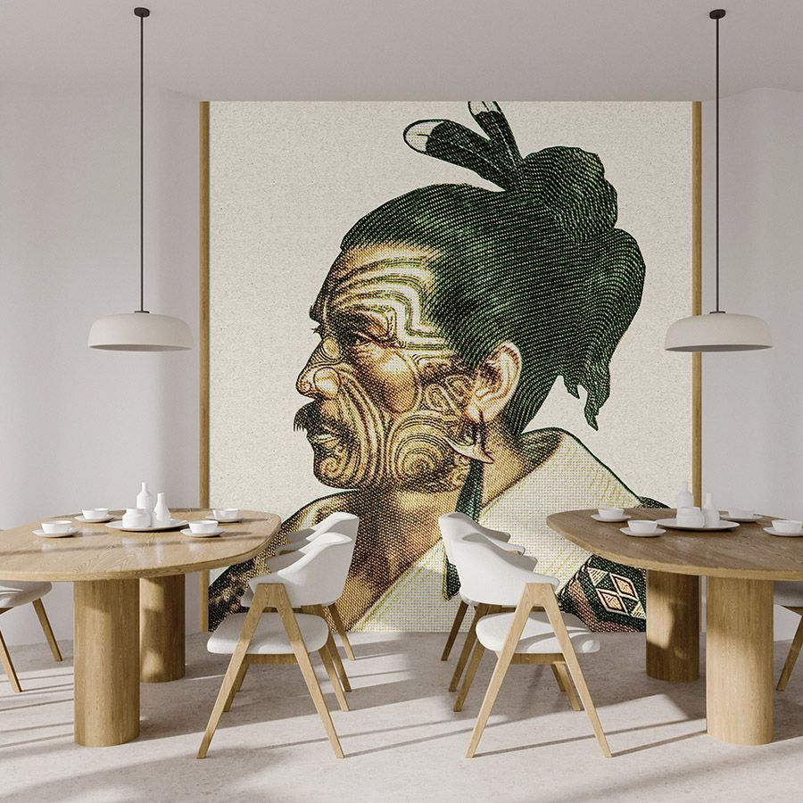 Fotobehang »horishi« - Afrikaans portret in pixelstijl met kraftpapiertextuur - mat, glad vlies
