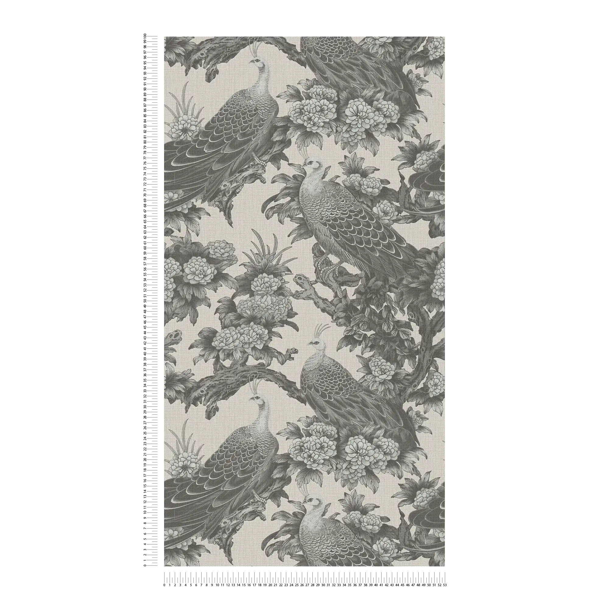             English country style floral pattern with birds as non-woven wallpaper - grey, beige
        