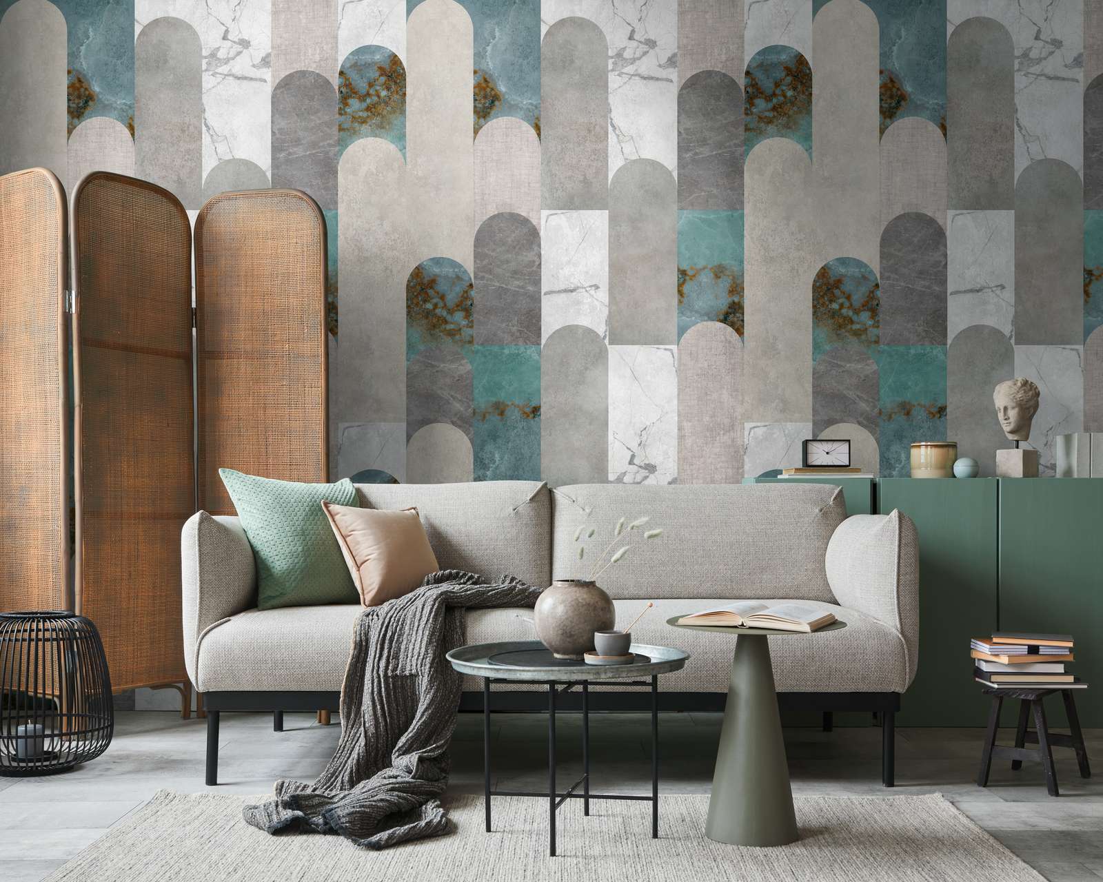             Non-woven wallpaper with various geometric marble textures and a large-scale pattern repetition - grey, blue, white
        