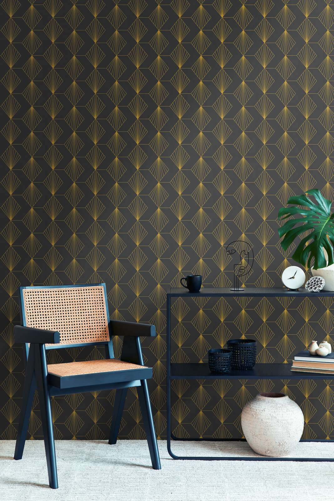             Papel pintado tejido-no tejido Art Déco con motivos glamurosos - negro, dorado
        