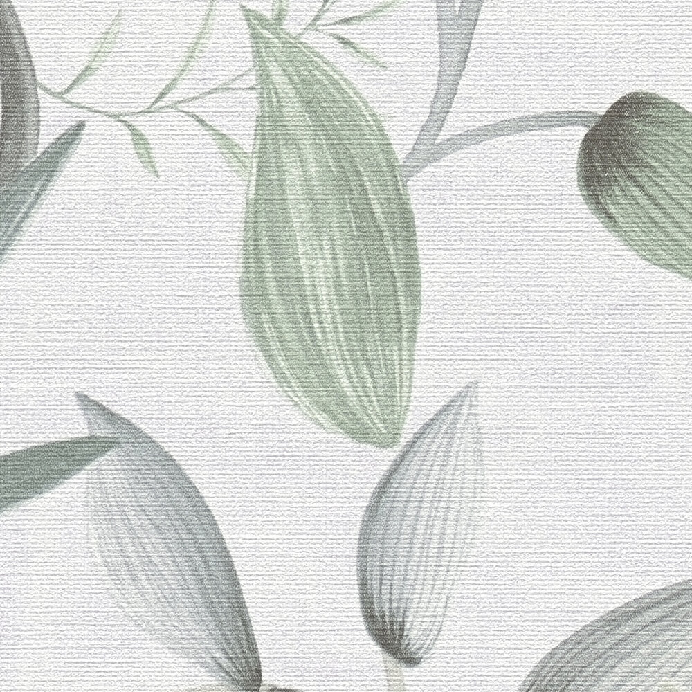             Non-woven wallpaper with soft spring tendrils - green, white, grey
        