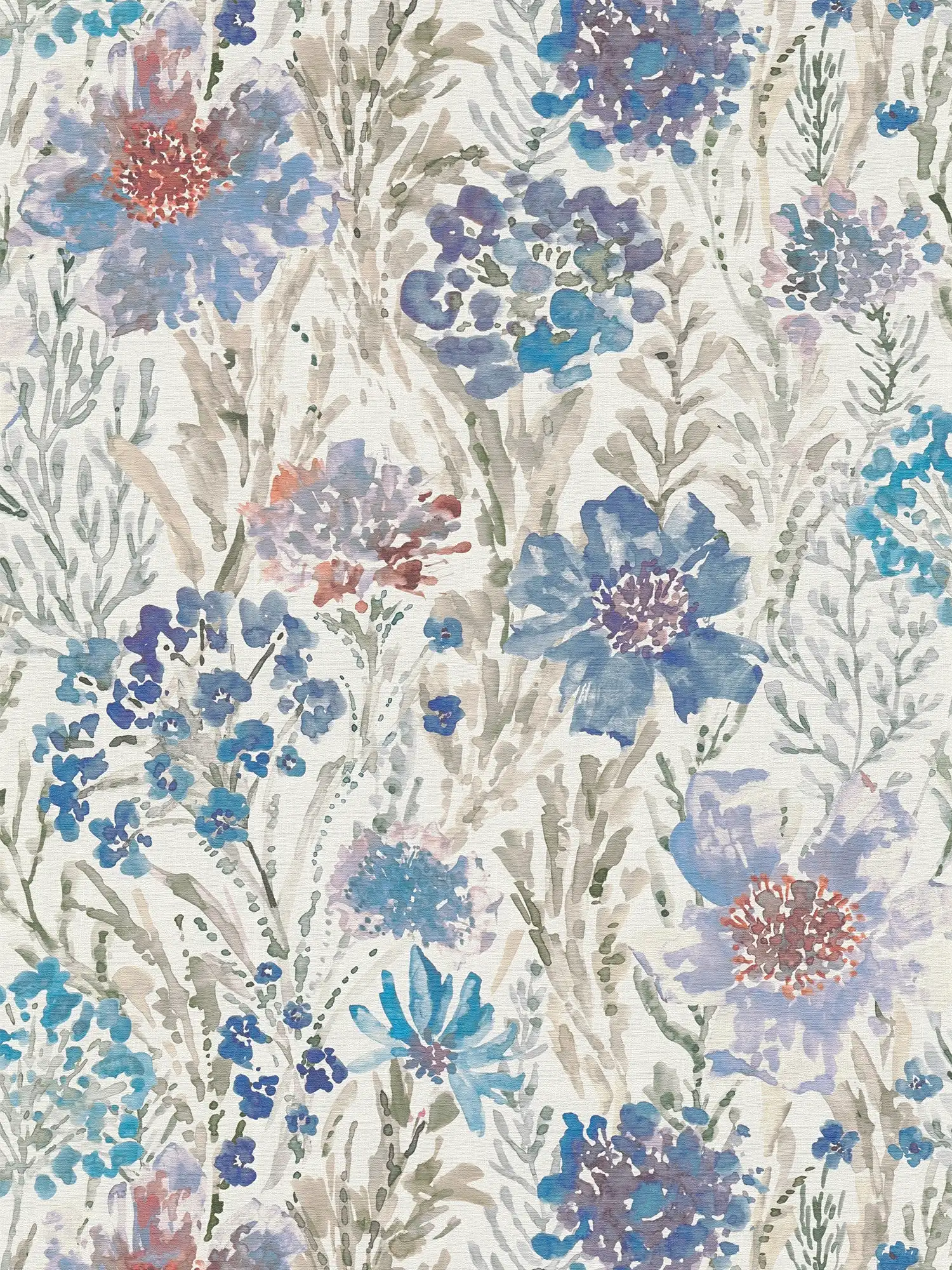 Fleurs et prairie fleurie papier peint intissé style aquarelle - bleu, blanc, gris
