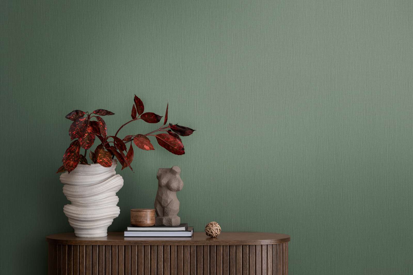             Non-woven wallpaper in a single colour with a woven look - green
        