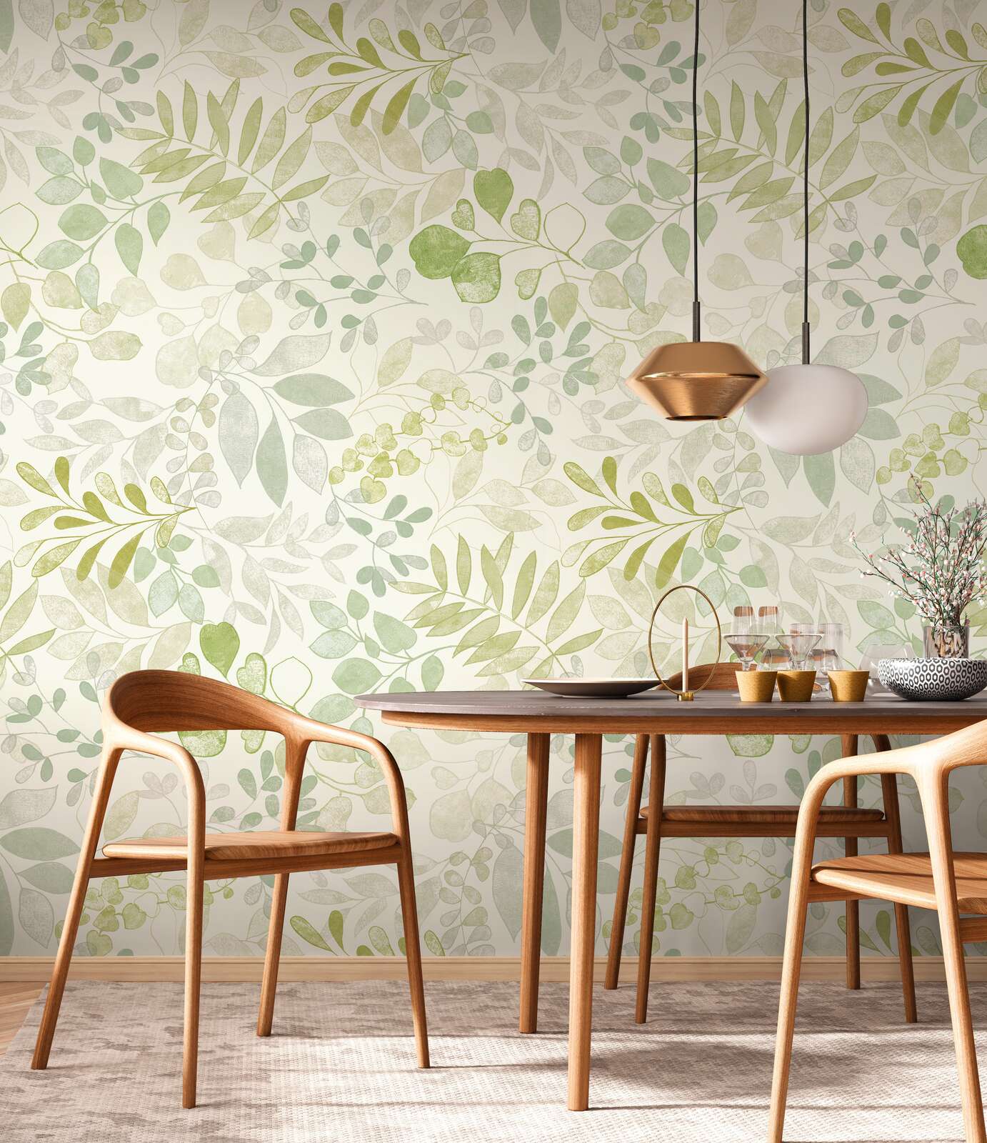             papier peint en papier à motifs XXL avec motif floral aquarelle - crème, vert
        