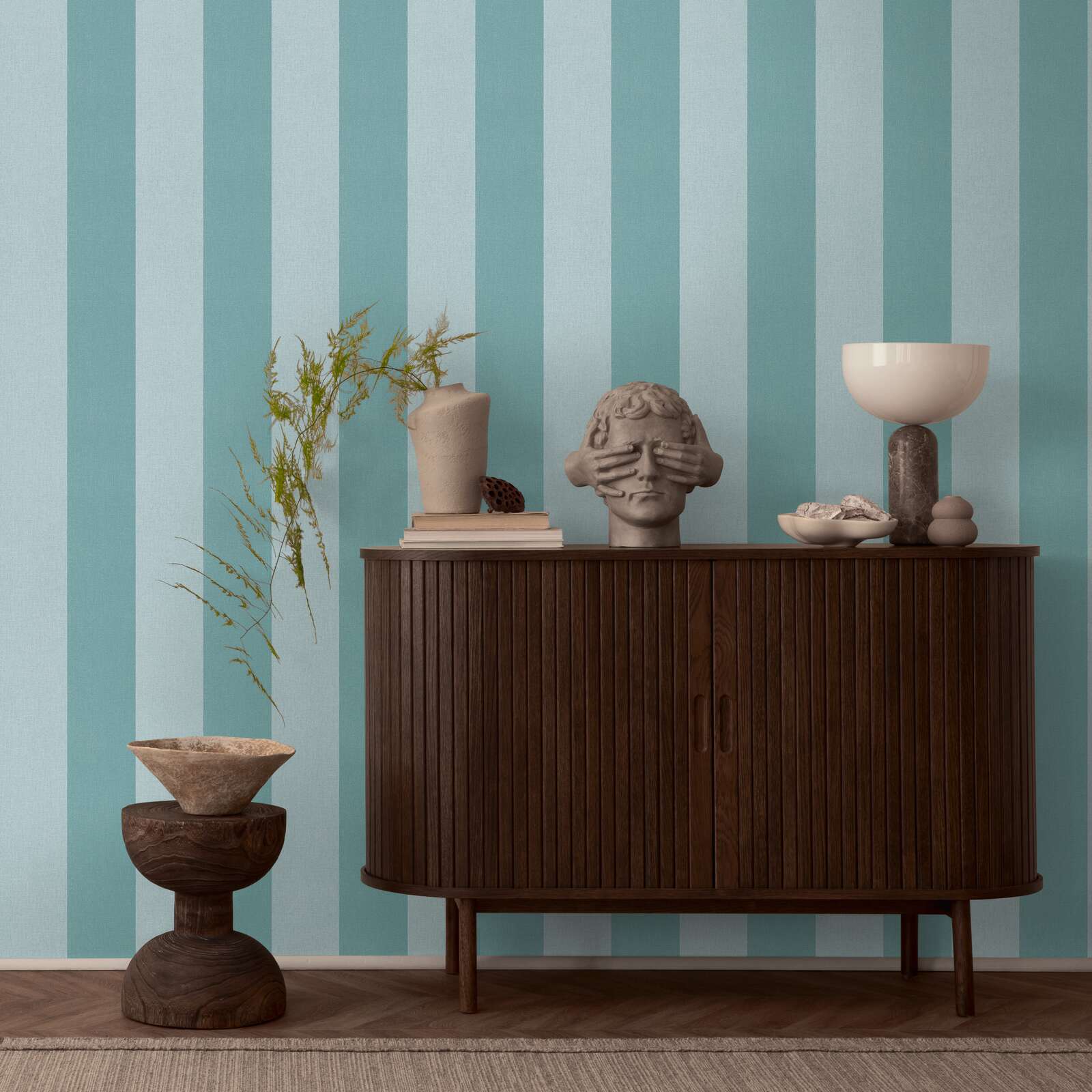             Non-woven wallpaper with block stripes and textile look - blue, turquoise
        