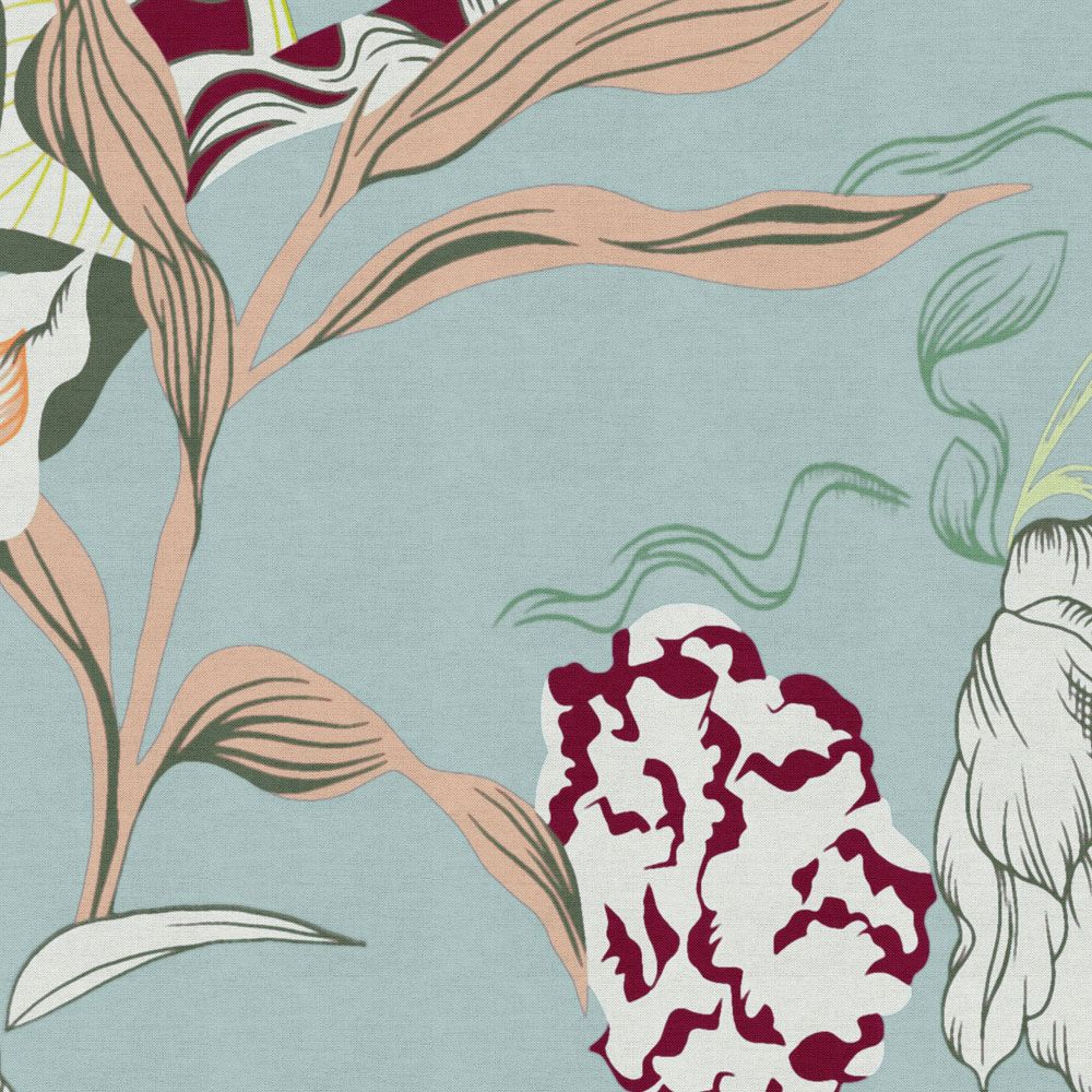             Digital behang »botany 2« - Abstracte bloemmotieven met groene accenten tegen een subtiele linnen textuur - Licht getextureerde vliesstof
        