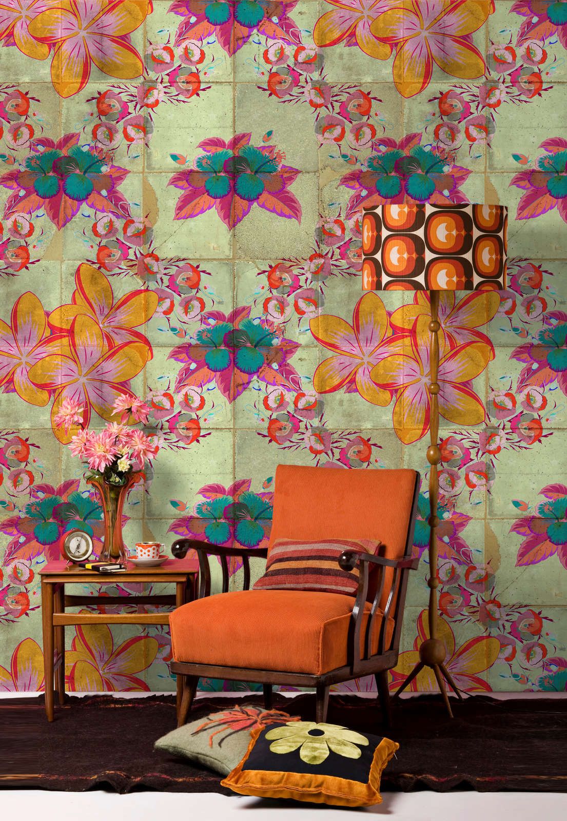             Photo wallpaper »jolie« - Floral design with kaleidoscope effect on concrete tile structure - Smooth, slightly pearlescent non-woven fabric
        