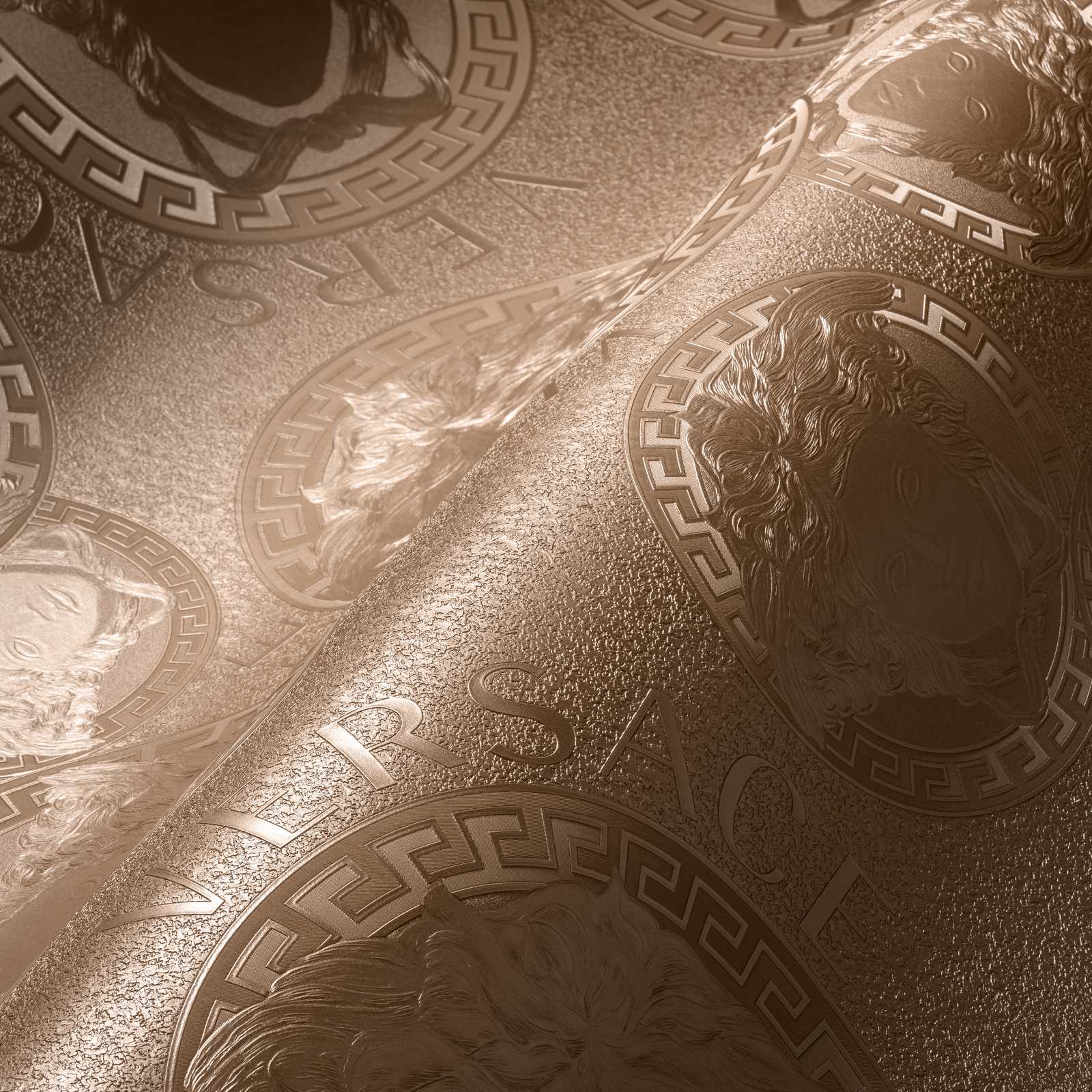             Copper metallic wallpaper VERSACE with Medusa pattern
        