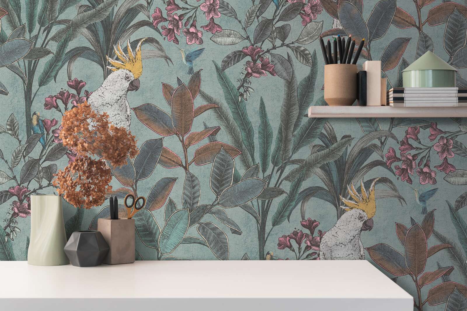             Non-woven wallpaper jungle with parrot in vintage design - green, blue, pink
        