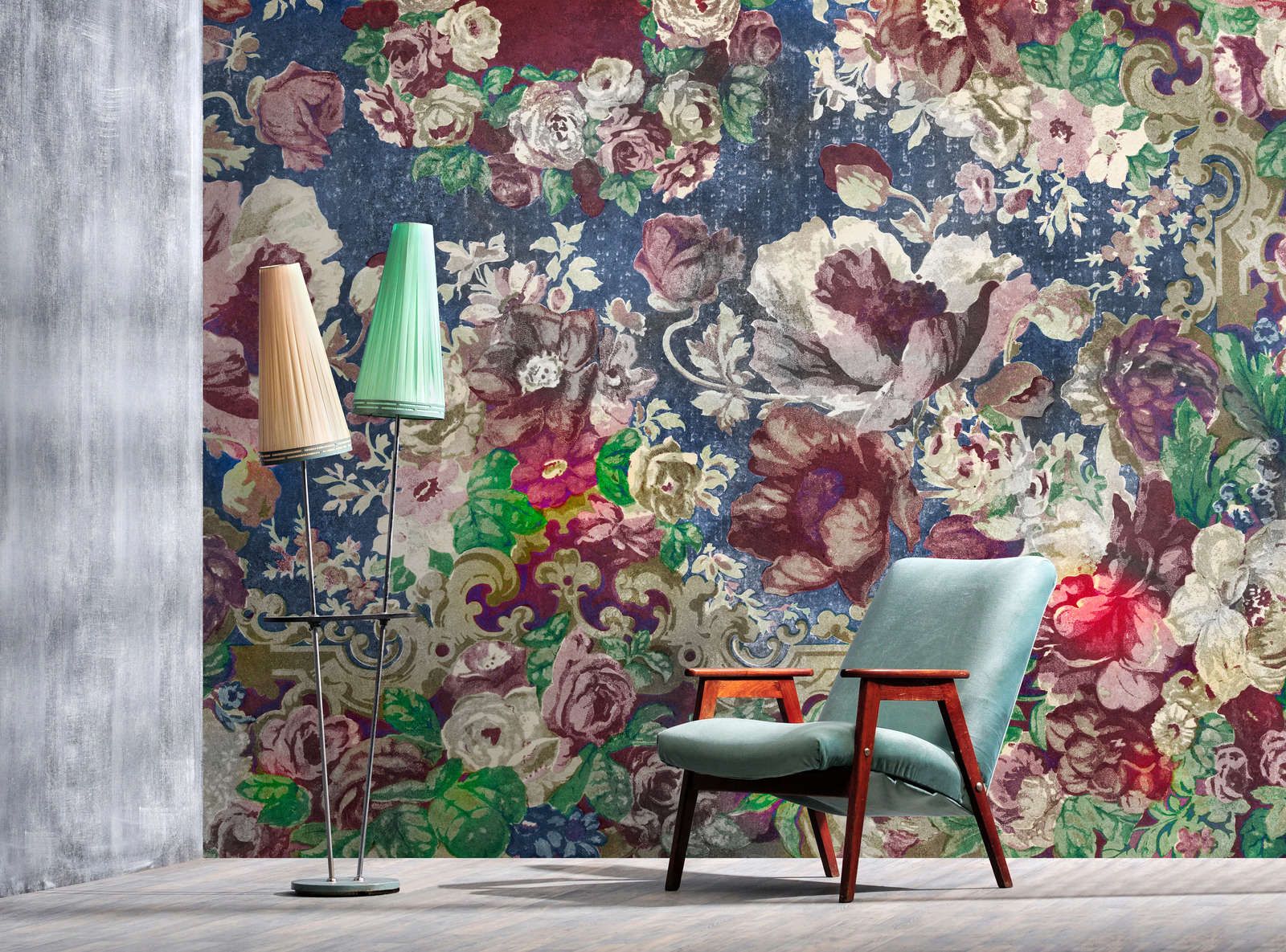             Photo wallpaper »carmente 2« - Classic style floral pattern against a vintage plaster texture - Colourful | Smooth, slightly shiny premium non-woven fabric
        