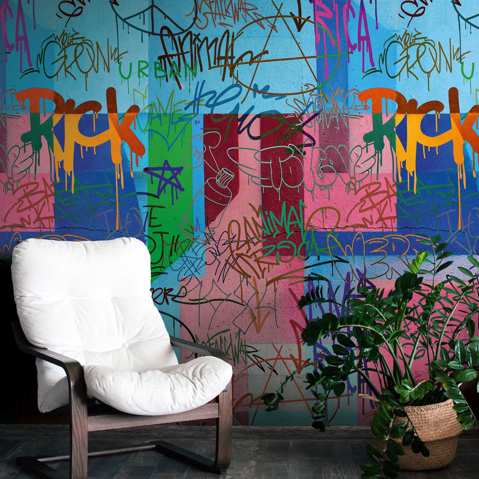         Urban non-woven wallpaper with a colourful graffiti motif and a large-scale pattern repetition - colourful, blue, pink
    